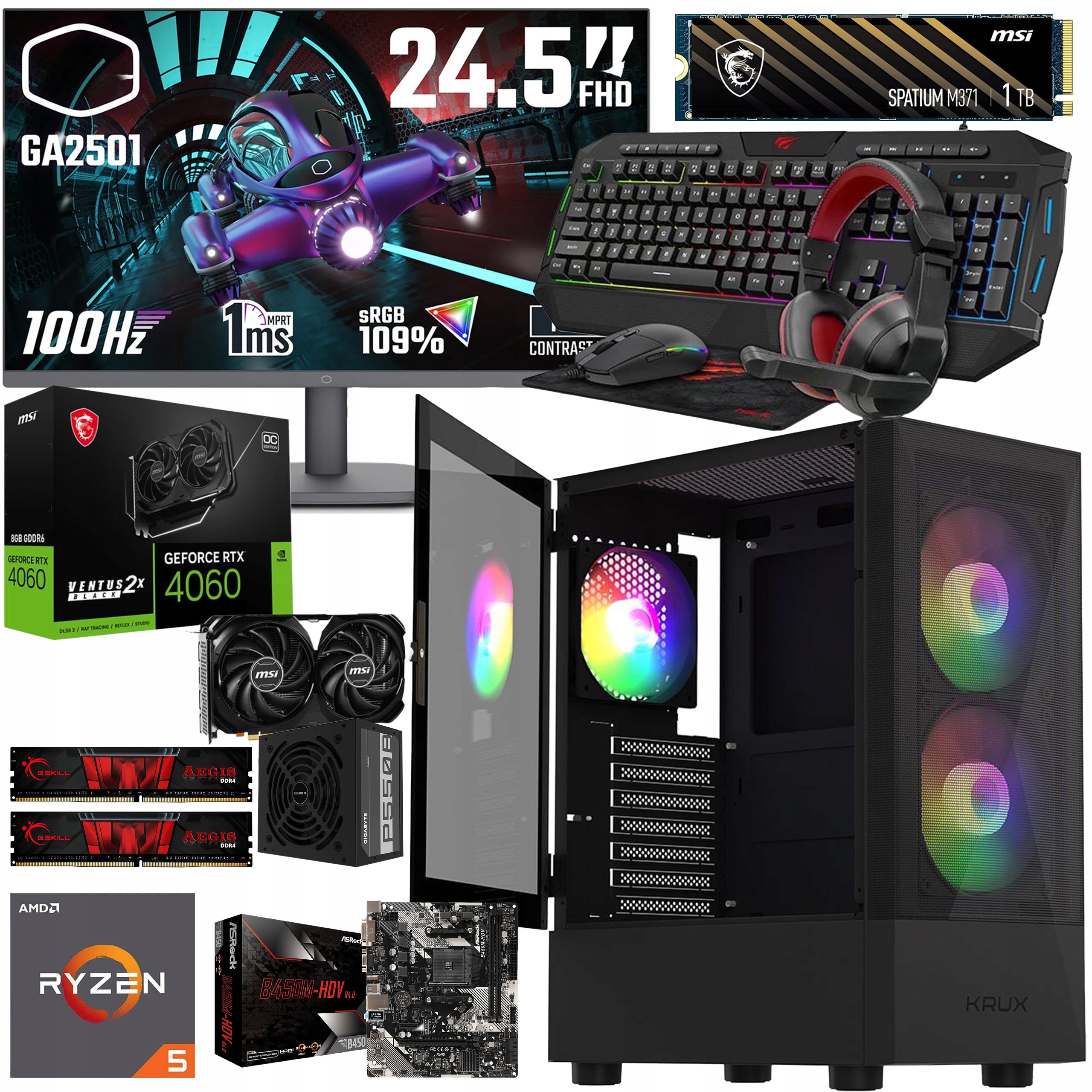 Komputer Gamingowy Zestaw Monitor Klawiatura Myszka l Rtx 4060 Win 11