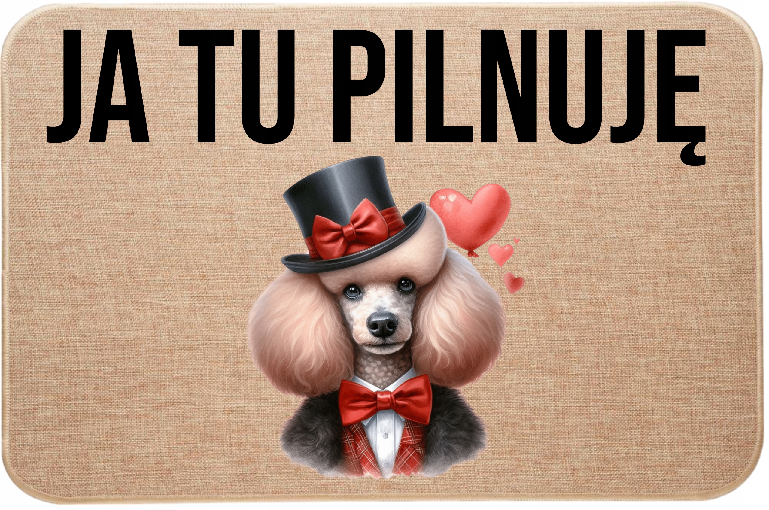 Lněná rohožka před dveřmi – tady hlídám pudl Valentýna Srdce