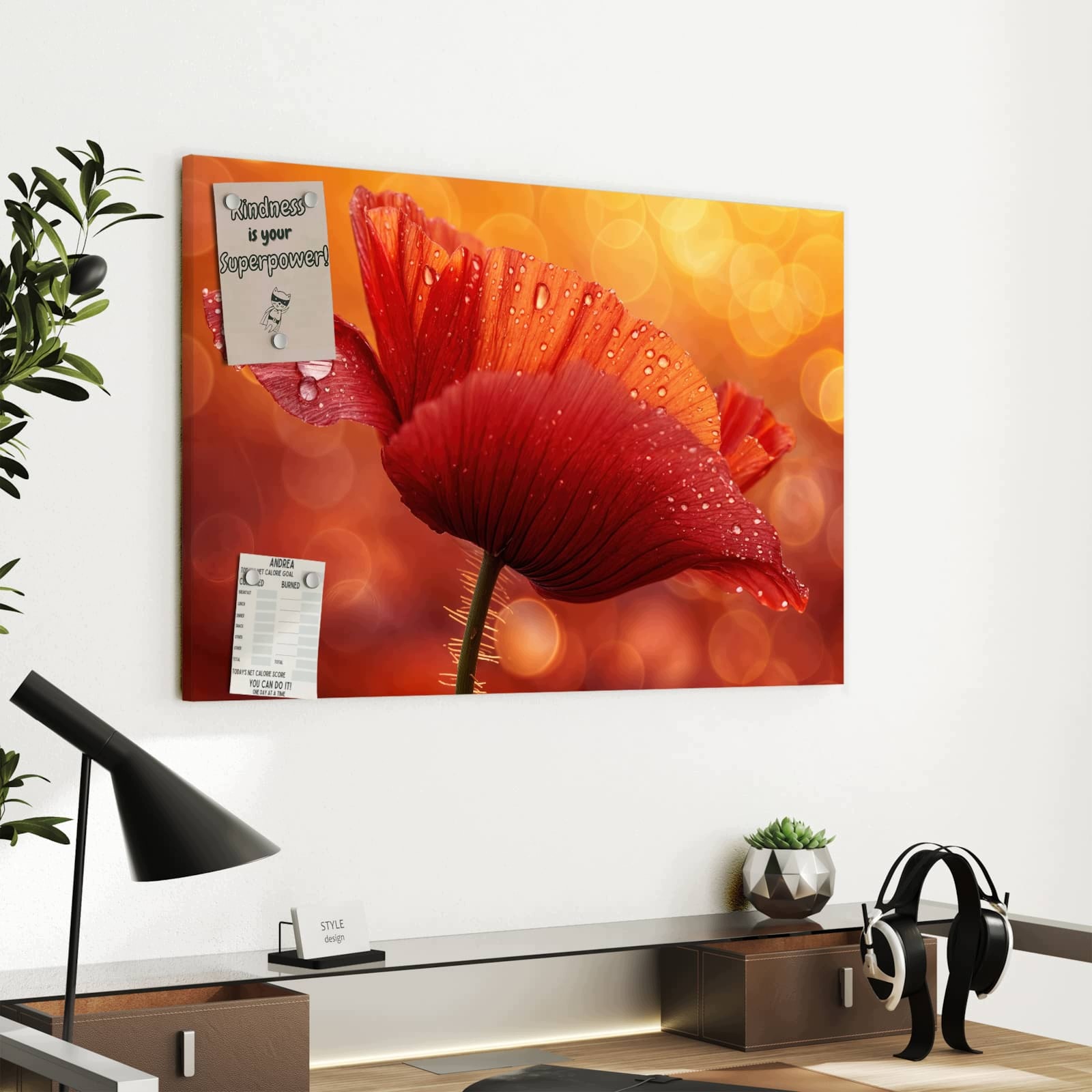 Magnetická tabule Červený Kapky s květin 60 × 40 cm