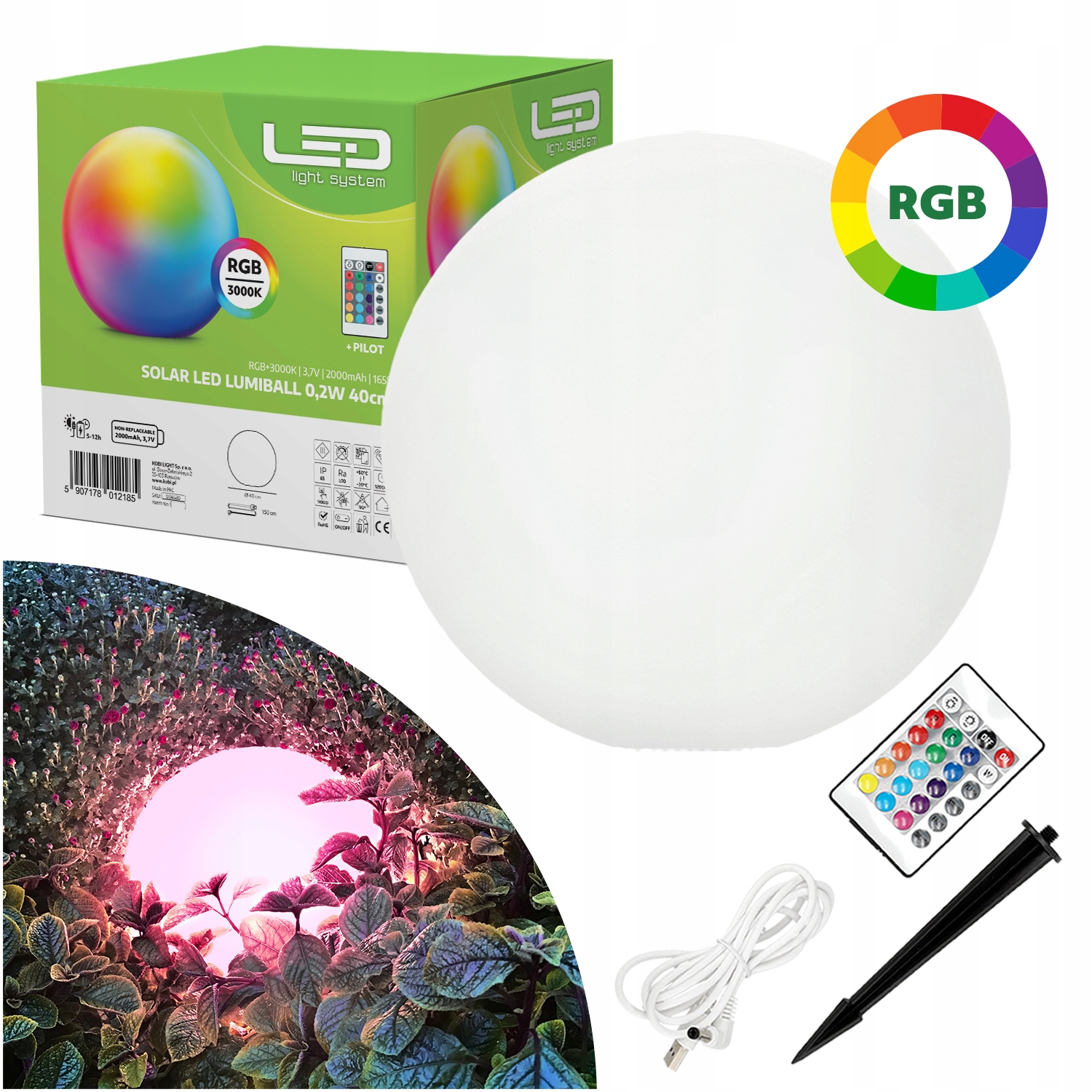 2x Led solární zahradní lampa Lumiball 40 cm 3000K Rgb IP65 Lls Usb dálkové ovládání