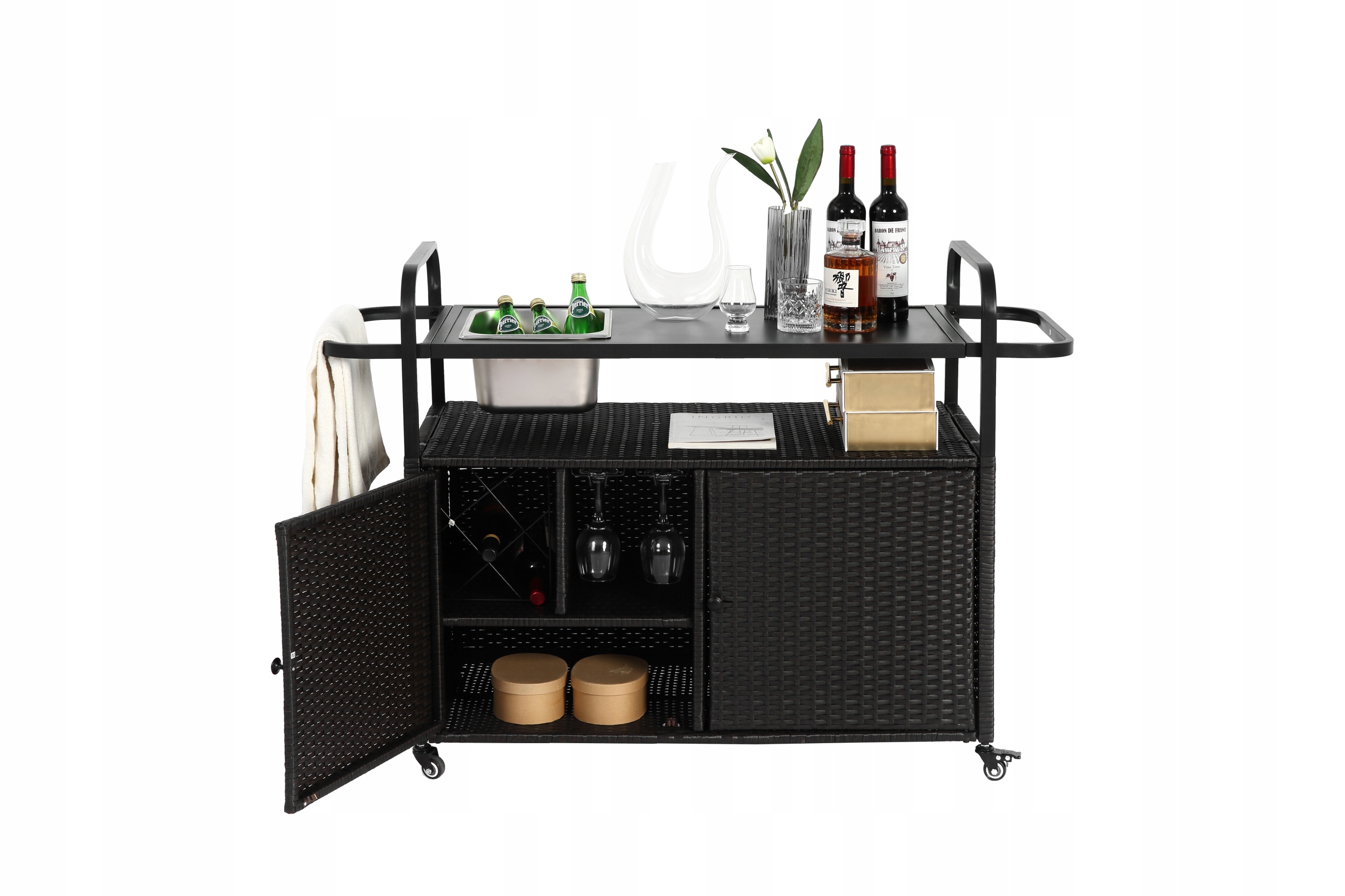 Venkovní barový stůl s kbelíkem na led, boční koš, uzamykatelná kolečka 140*50*91 cm