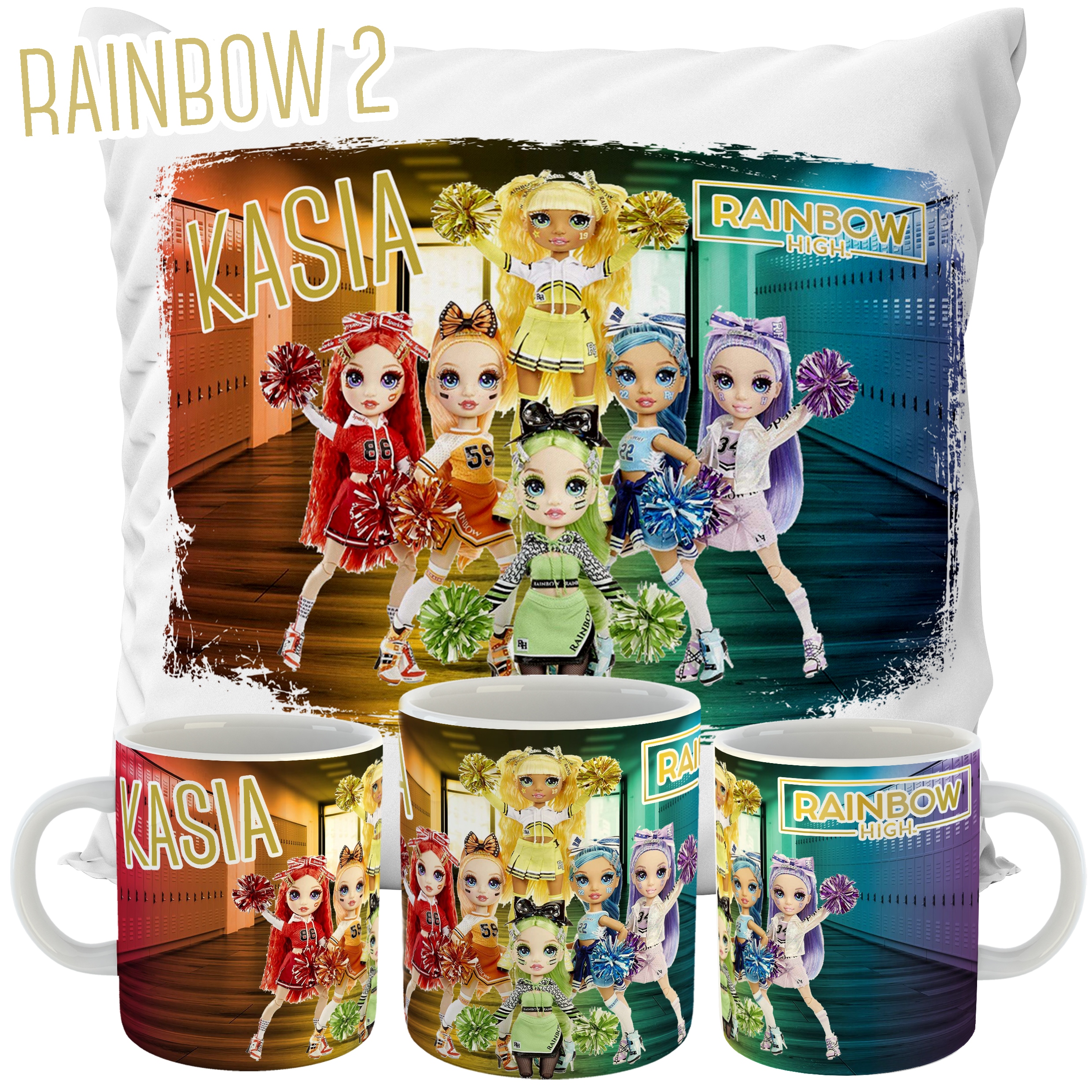 ZESTAW KUBEK + PODUSZKA RAINBOW HIGH PREZENT Długość 40 cm