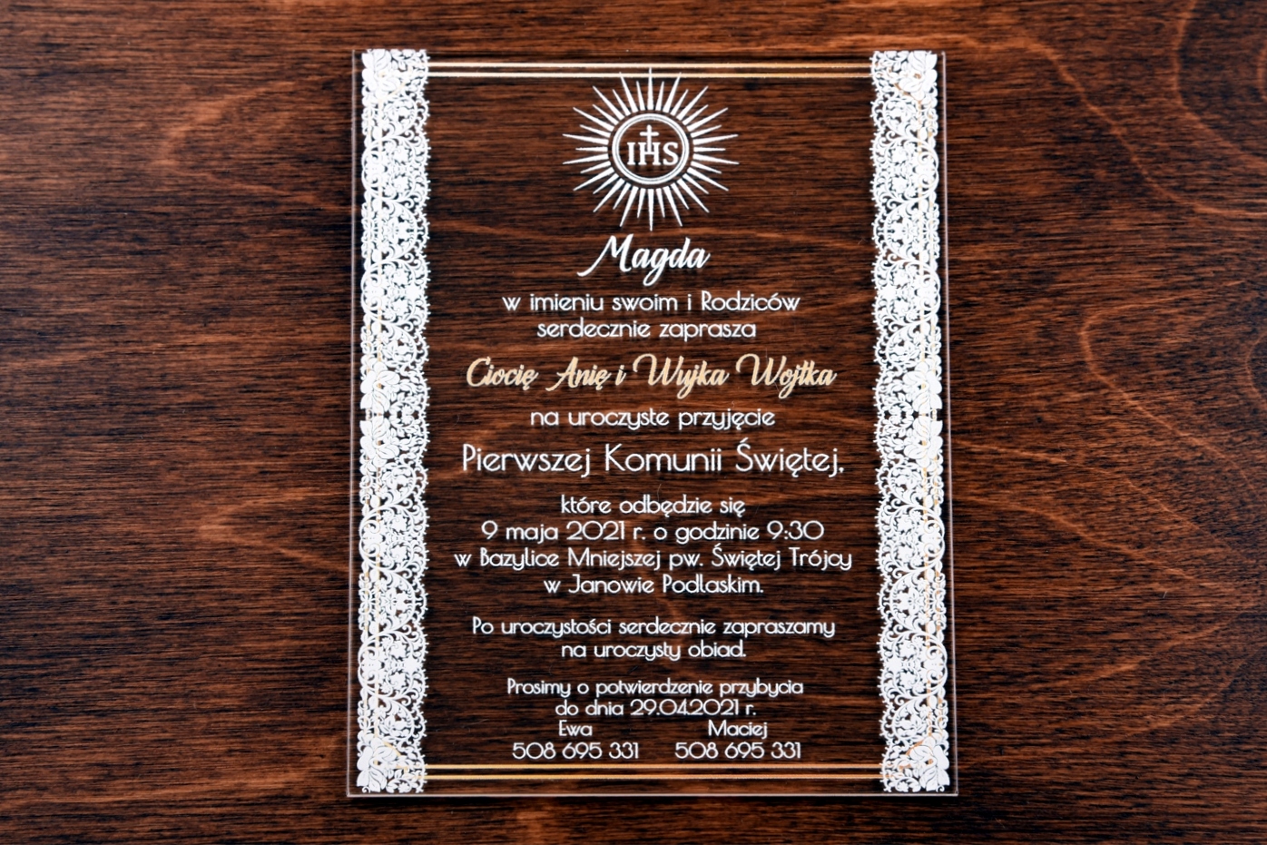 Zaproszenie I Komunia Święta AKRYLOWE eleganckie Kolor dominujący bezbarwny