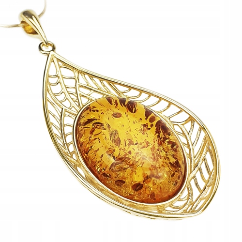 Zlatý Přívěsek s velkým Baltským Jantarem stříbro 925 Pozlacený