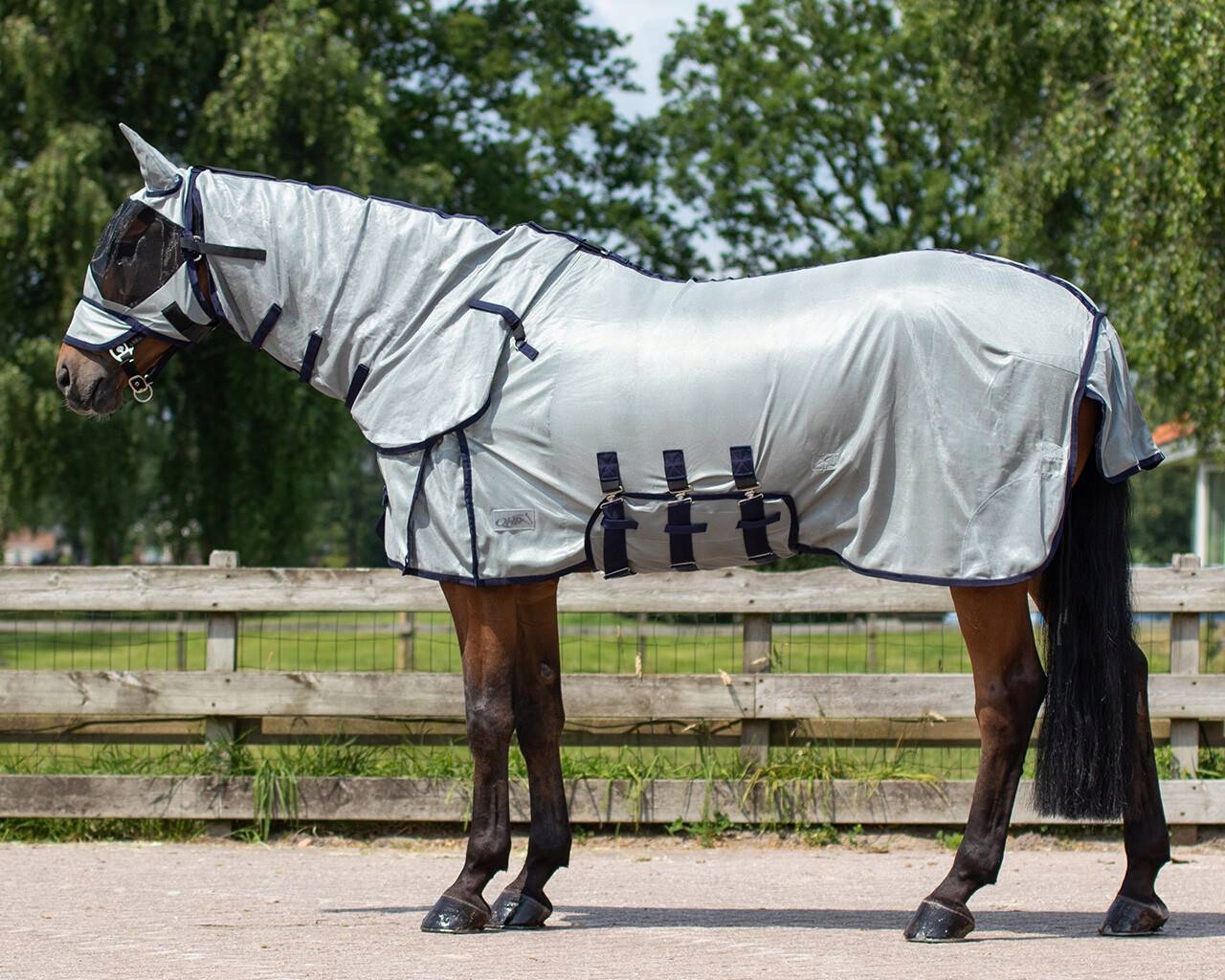 Derka siatkowa dla konia Qhp z szyją i maską przeciw owadom szara 205 (155)