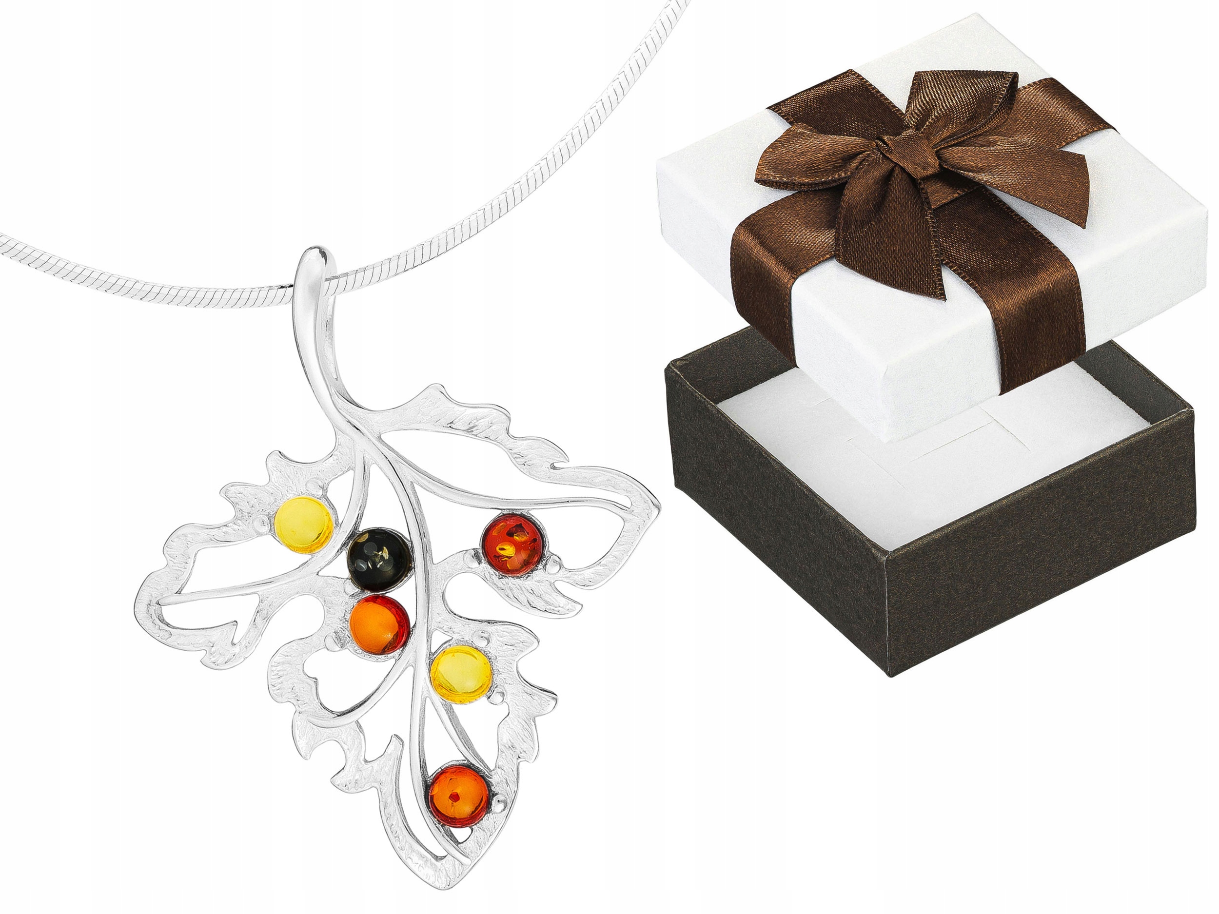 Dlouhý stříbrný dámský barevný náhrdelník s listy jantaru a lístkem Stříbro 50