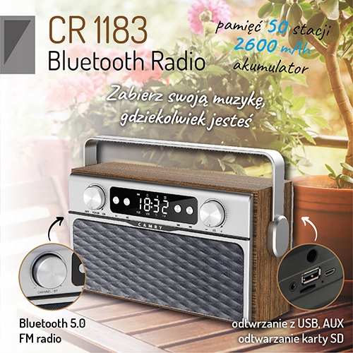 CR 1183 Radio z Bluetooth FM USB AUX SD Akumulator 2600 mAh