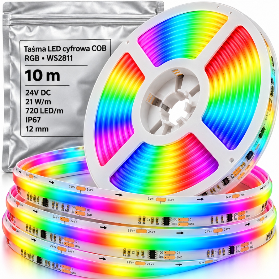 Digitální Led pásek Cob Rgb 10 m 24 V, vodotěsný, IP67, pro interiéry a dekorace