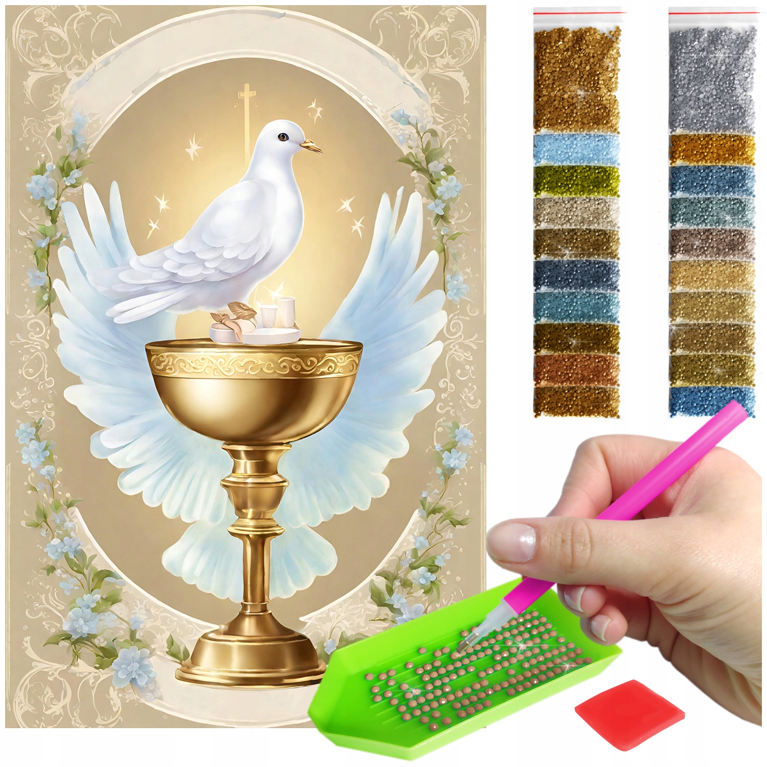 Výšivka Diamantová Diamond Painting mozaika bílá holubice sada pro přijímání