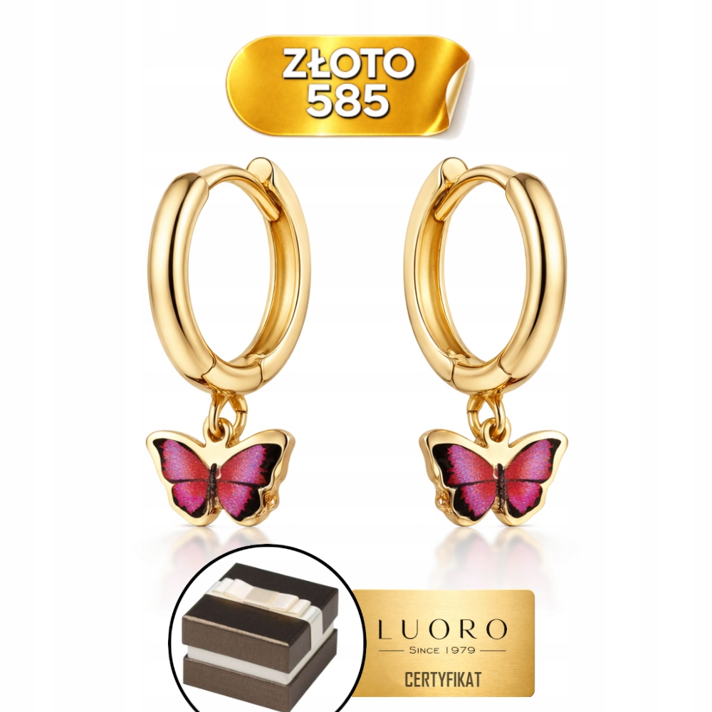 Náušnice Zlaté 585 14K Motýlek Zavěšený Na Kroužku 15 MM Elegantní