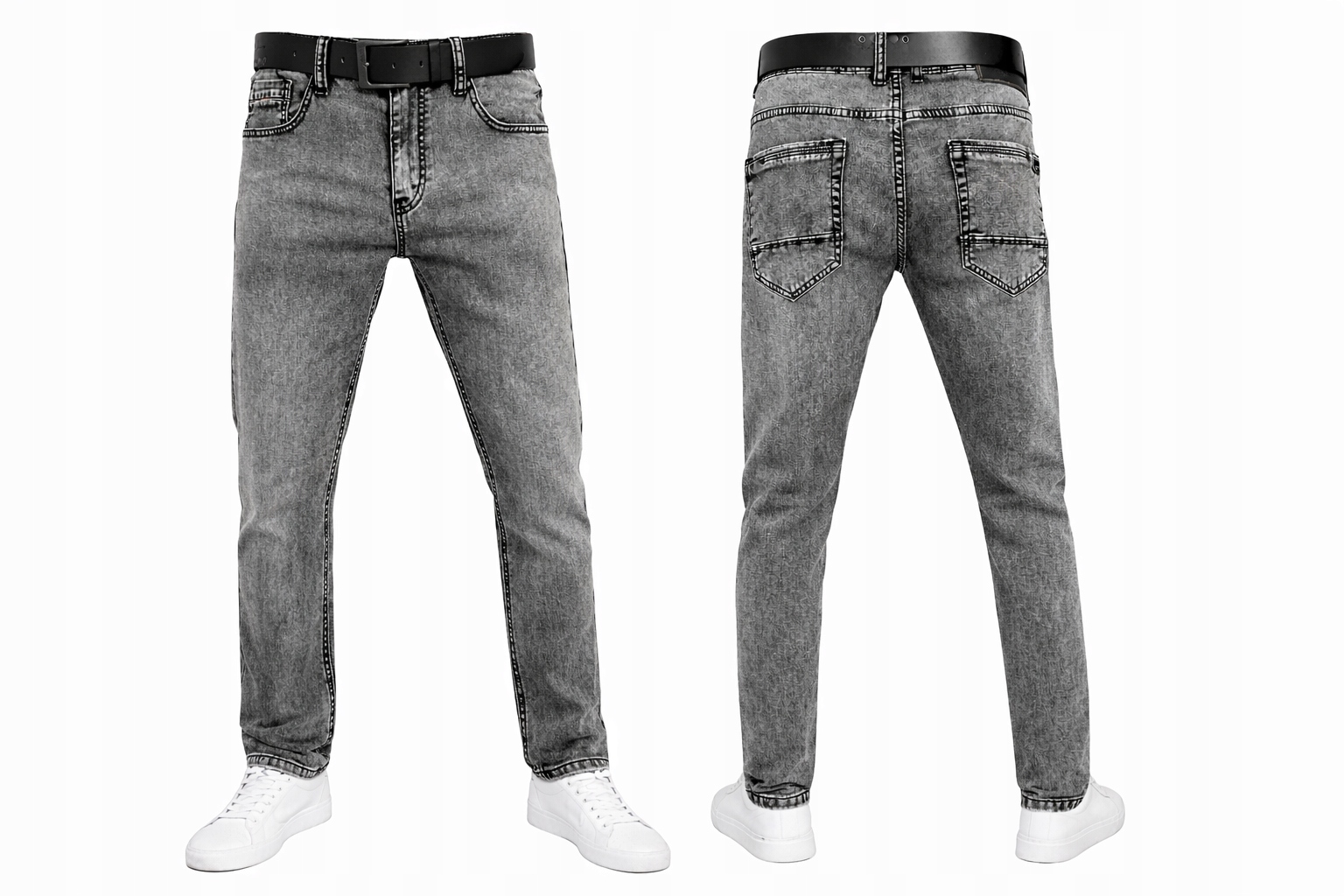 Jeansy męskie szare casual zwężane modne styl stone wash z paskiem r.34