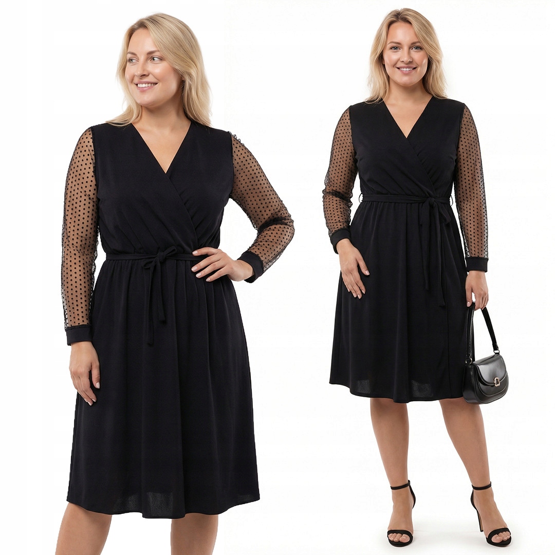 Černá šaty s rukávem s puntíky plus velikost velikost 48