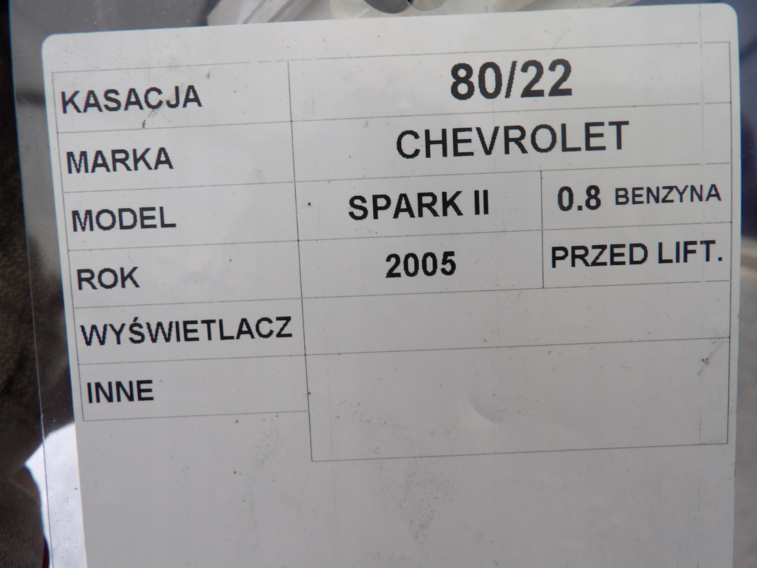 display Chevrolet Spark II 0,8B 96497743