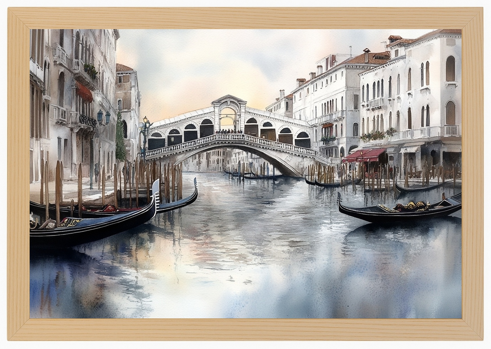 Plakát Rámeček Dřevěný Město Itálie Benátky Most Rialto Gondola 60x40