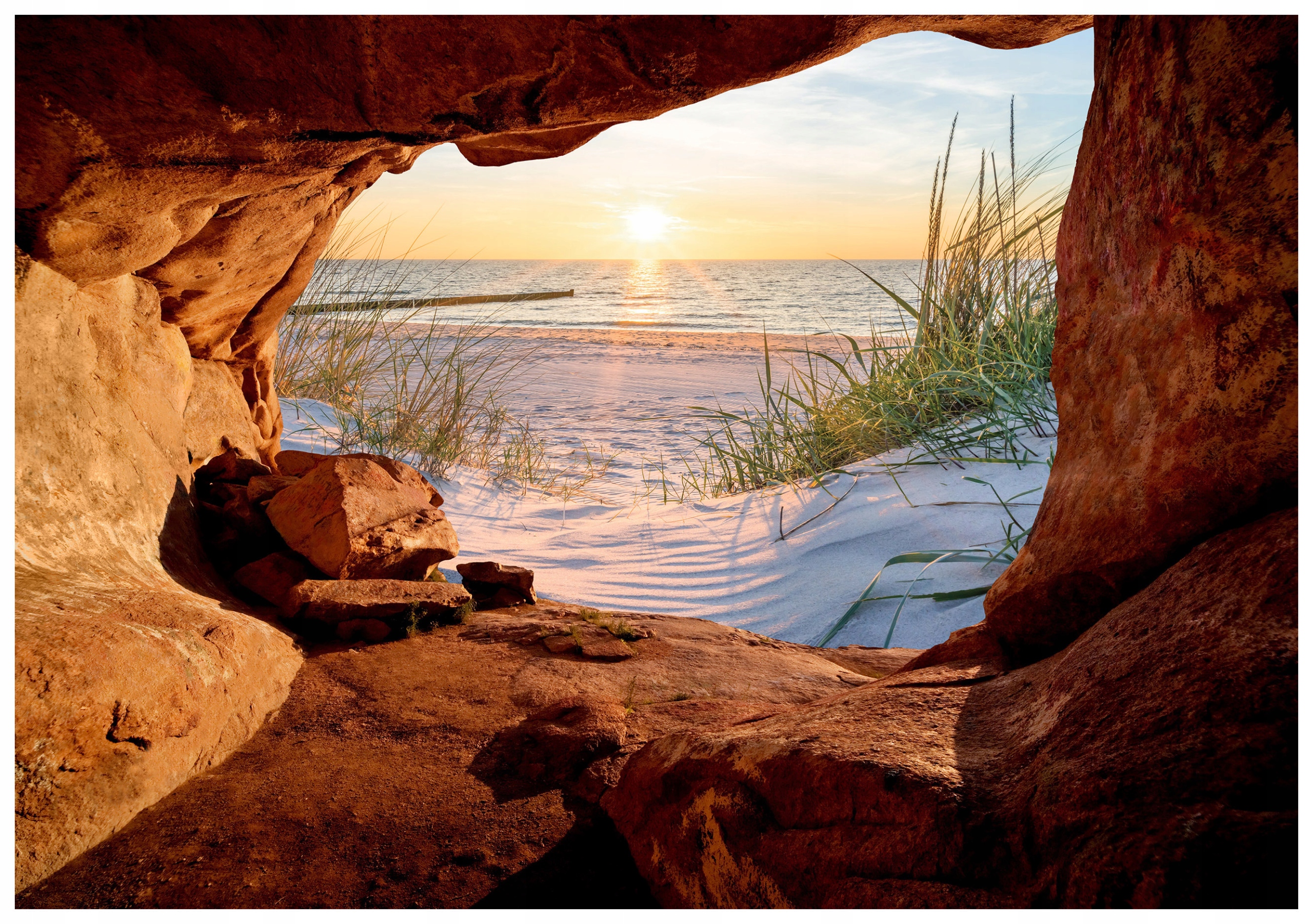 Fototapeta Pláž Jeskyně Západ Slunce Moře Příroda Hory 350x250 lepidlo