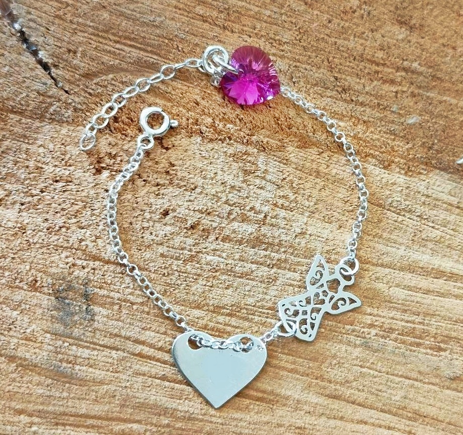 BRANSOLETKA SREBRNA ANIOŁEK AŻUROWY I SERCE SWAROVSKI GRAWER KOMUNIA Długość całkowita 17 cm