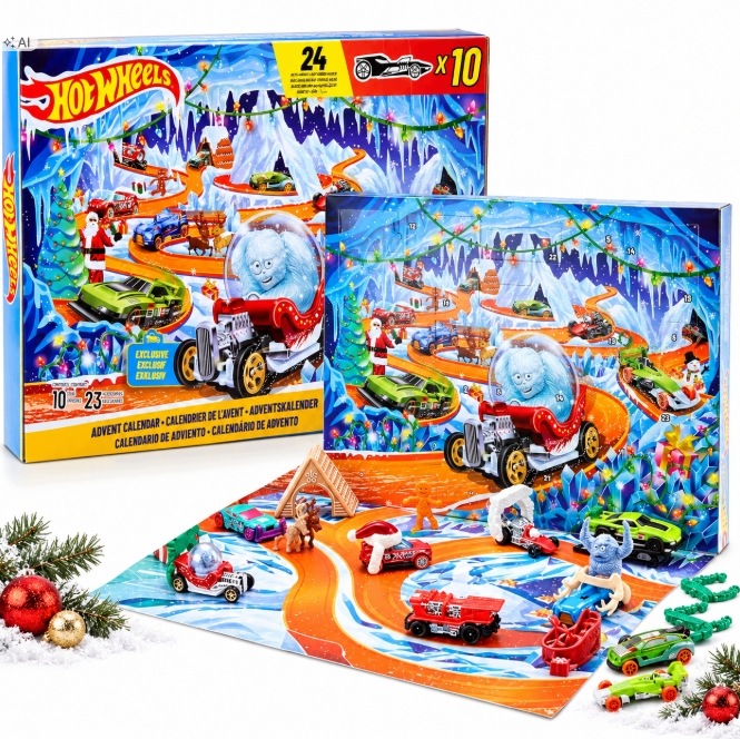 Адвент-календарь Hot Wheels 2026 JLG41, 10 машинок 1:64 и зимние аксессуары, от 3 лет