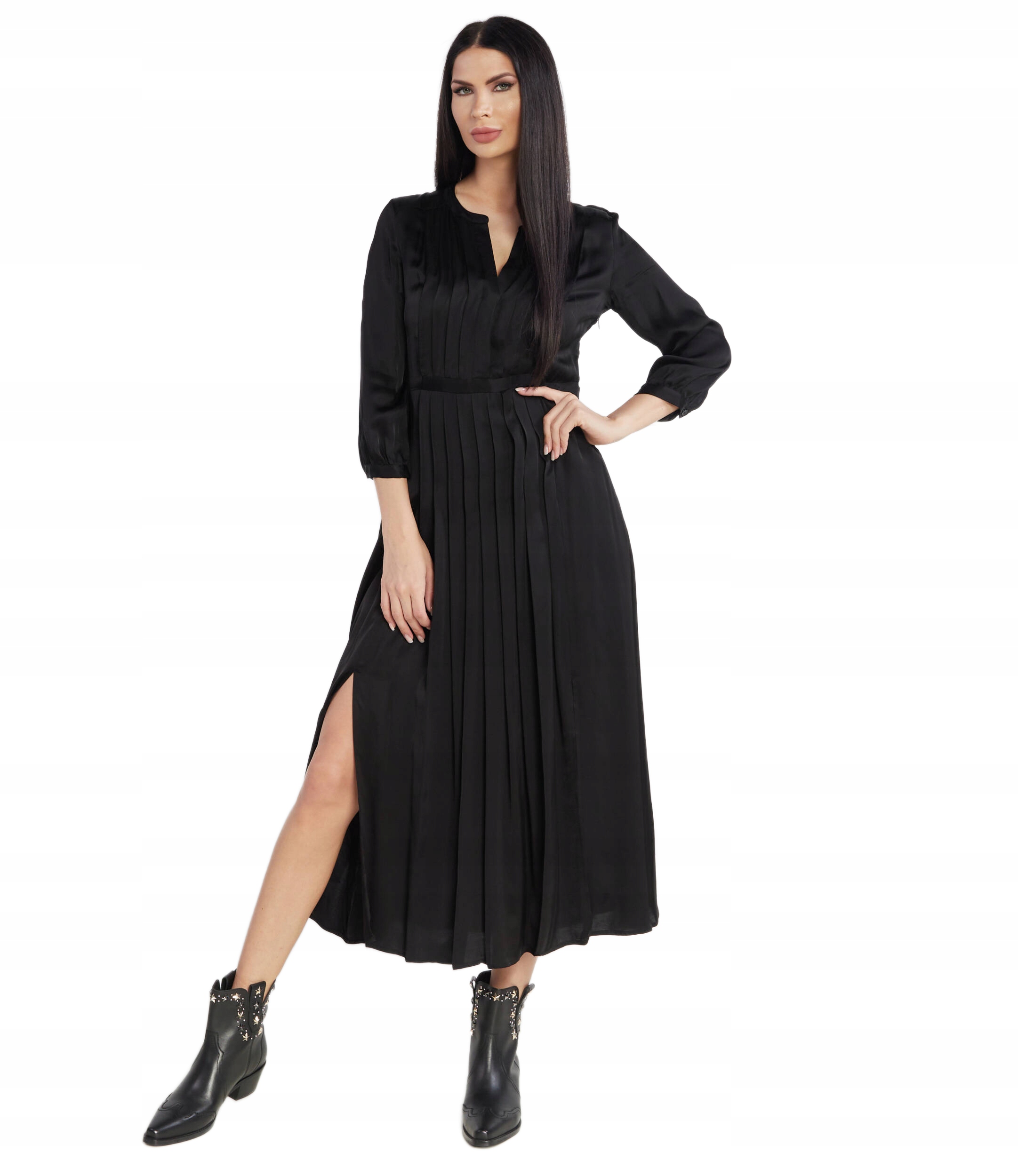 The Kooples Černé Šaty Svatební Hostina MIDI S Plisováním A Rukávem 3 4 38 Fta
