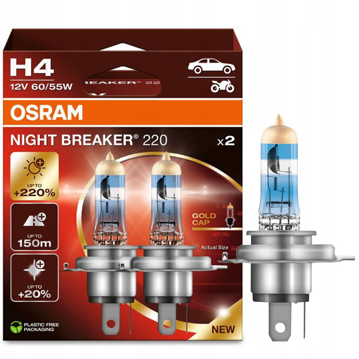 Osram H4 12V Night Breaker 220 +220% Jasności 150M Zasięg Najmocniejsze