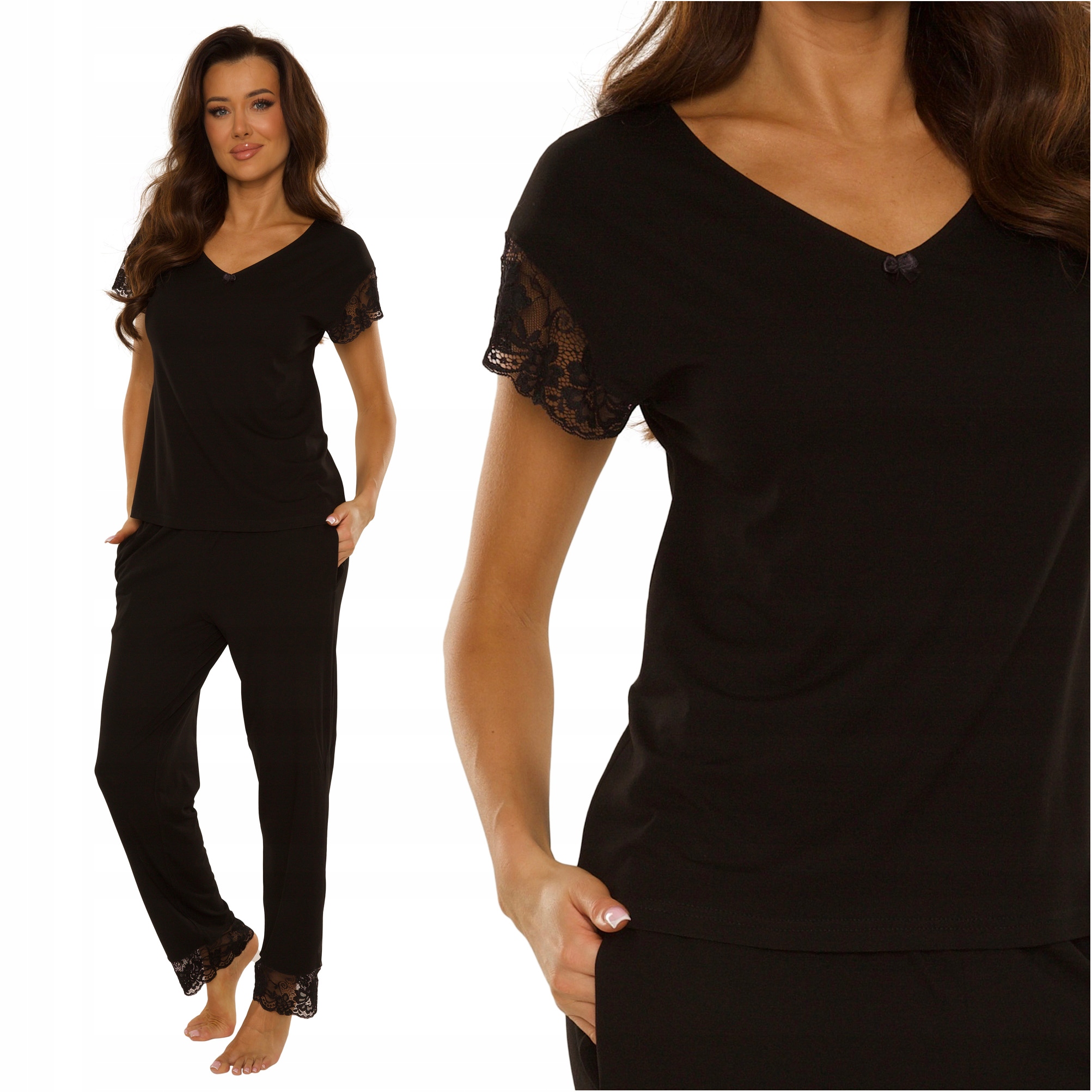 Piżama damska z wiskozy z koronką De Lafense Milagros 736 czarna M 38