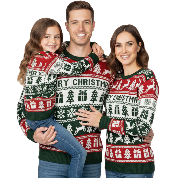 Vánoční svetry v sadě 2+1 pro rodinu, zelené vánoční ozdoby