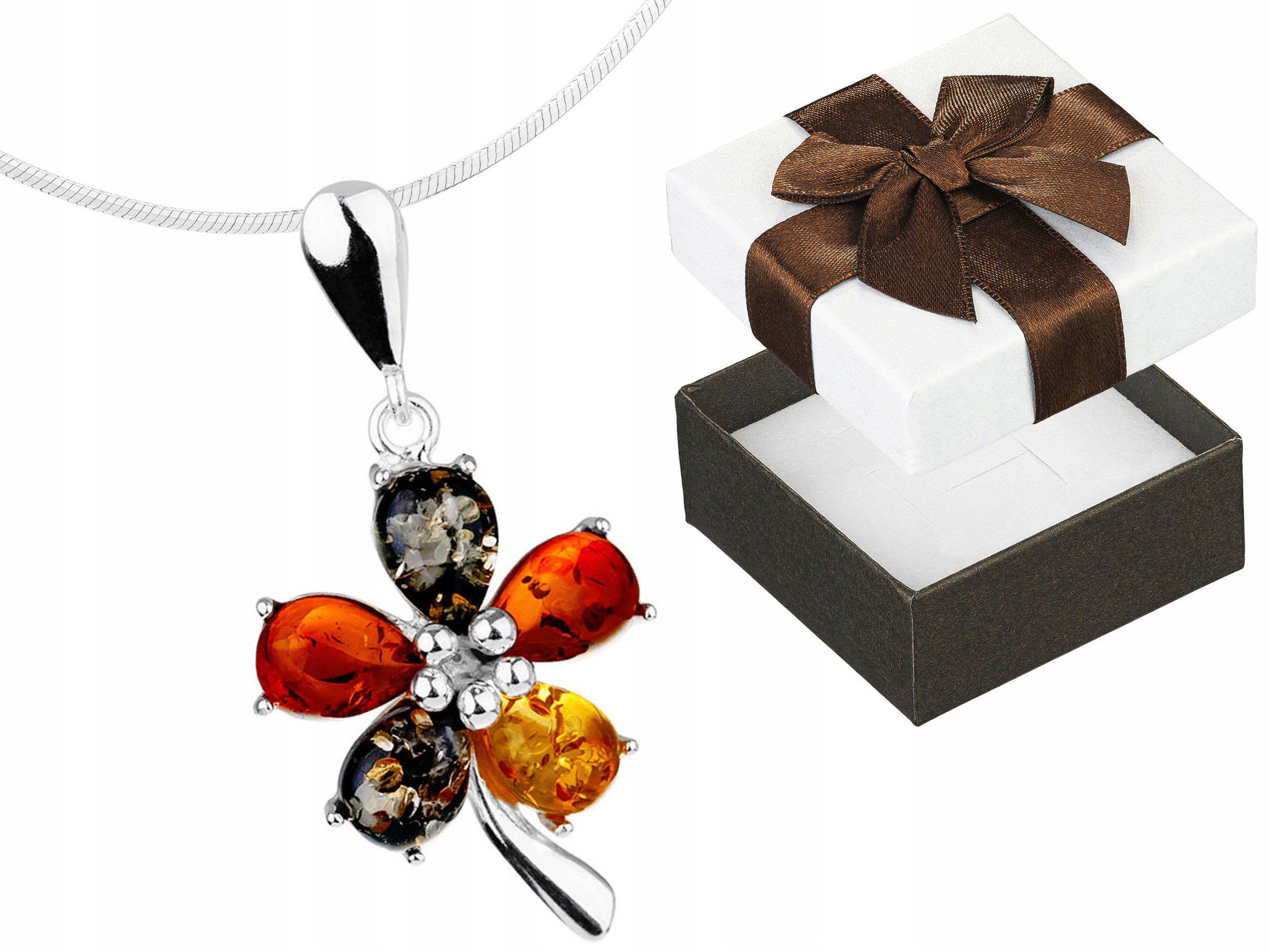 Krátký Stříbrný Dámský Náhrdelník Květina s Jantarem Choker Jantar 40 cm