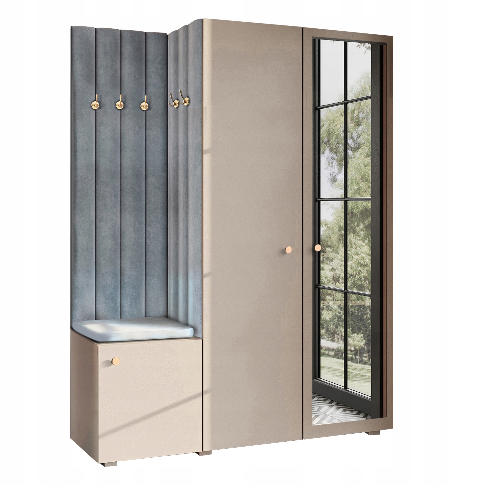 Šatník Do Předsíně S Sedákem Se Zrcadlem Béžový Knoflík Zlatý 70