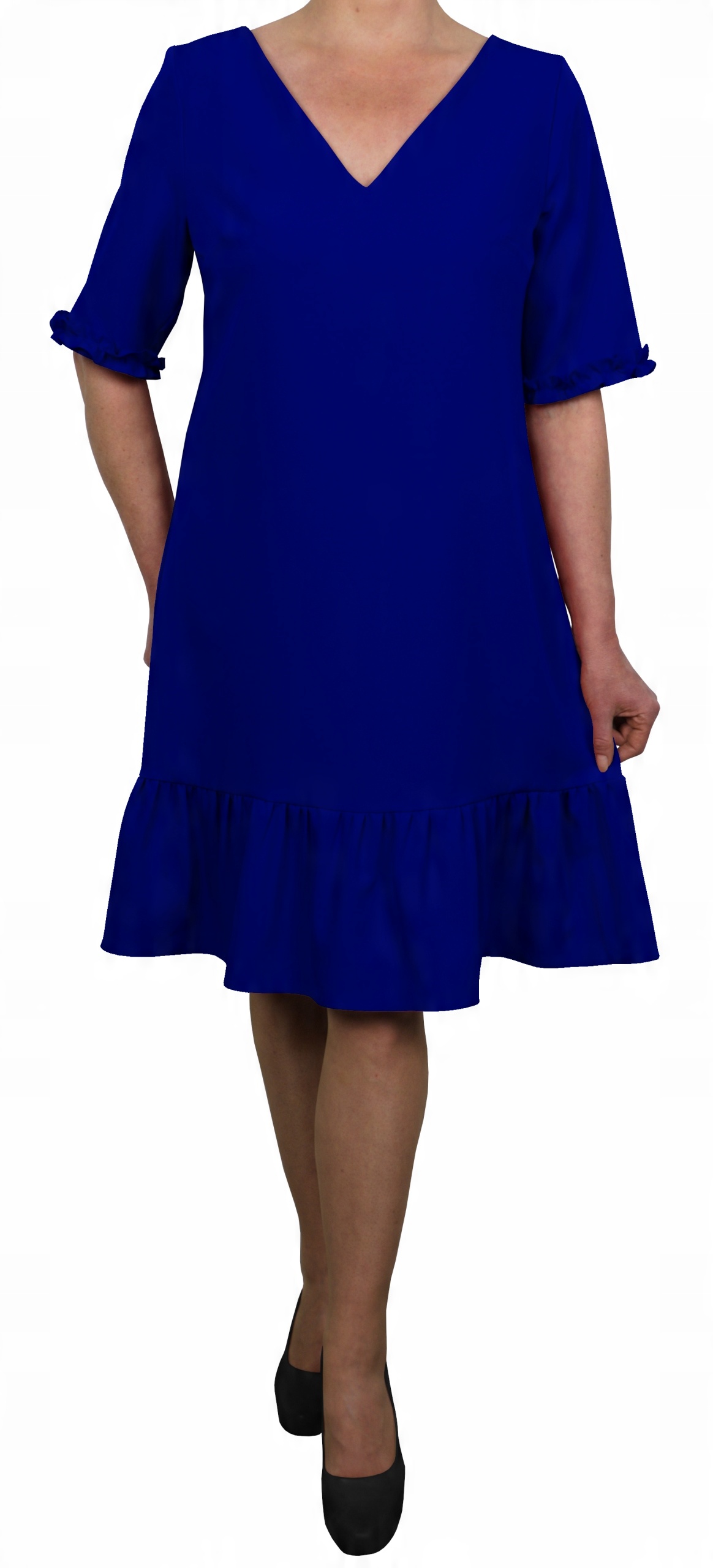 

Sukienka trapezowa z falbaną chabrowa plus size 50