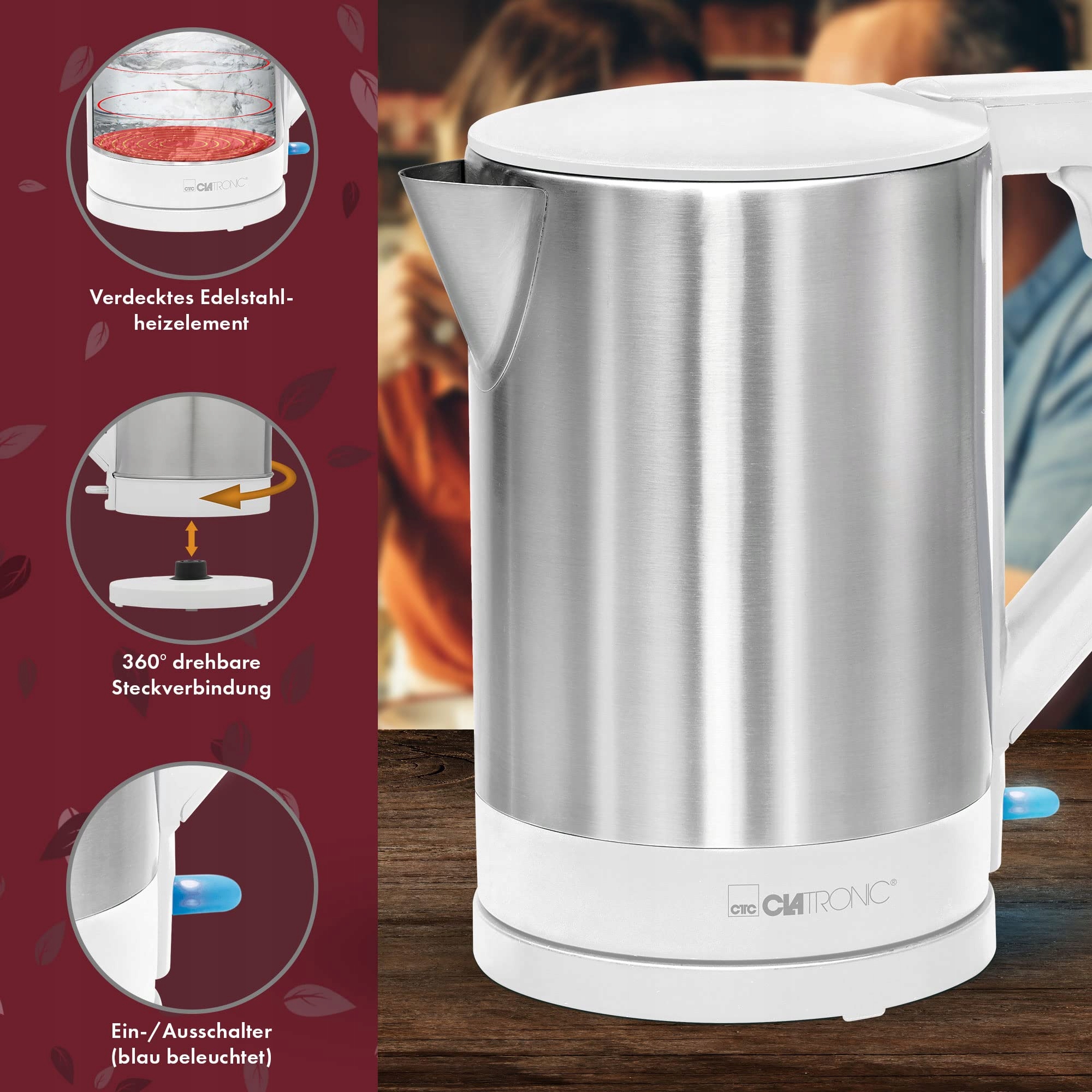 CLATRONIC Czajnik Elektryczny 1.5L 2200W Automatyczne Wyłączanie Biały Inox — miniatura 4