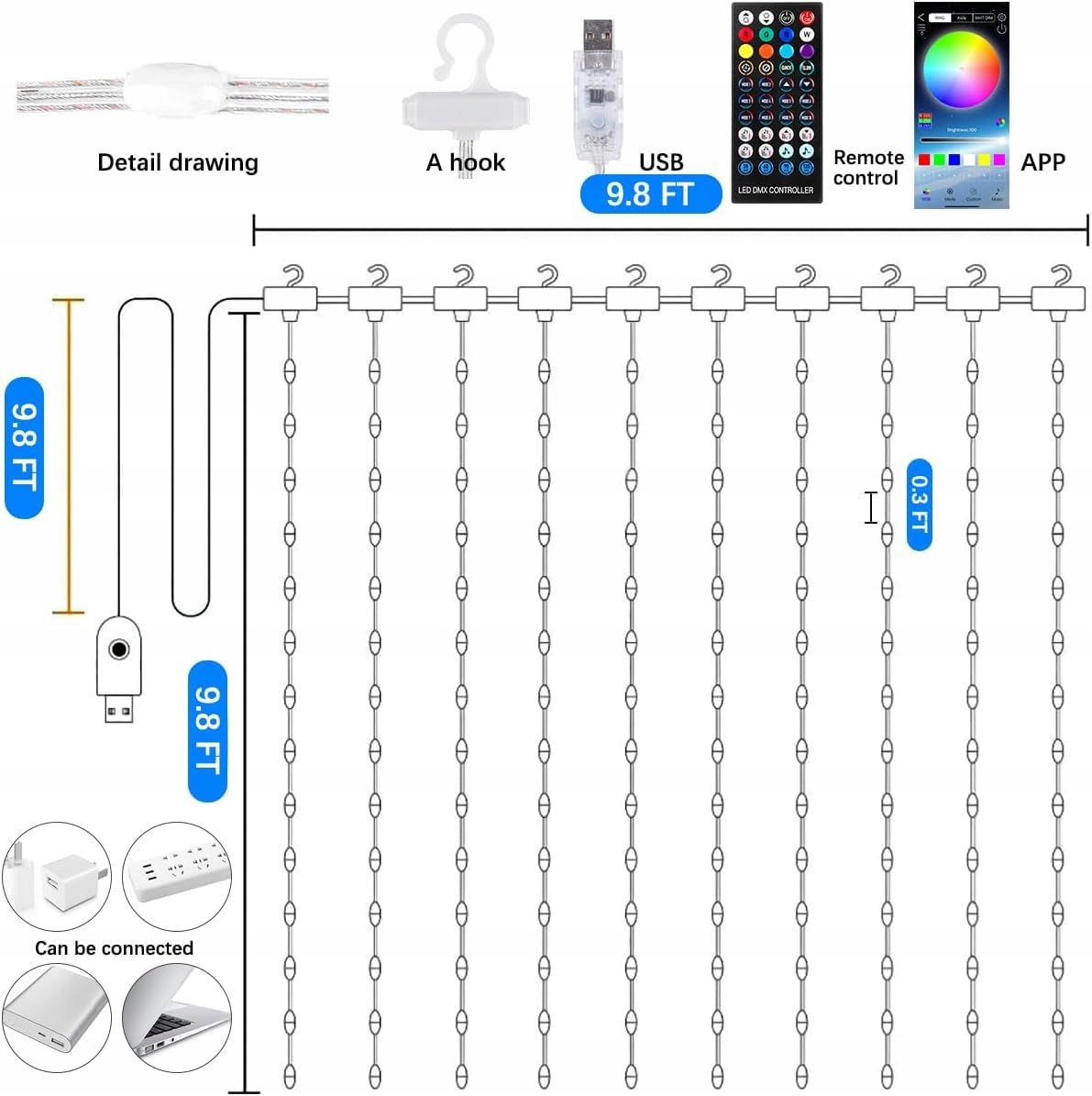 KIMUWOTE Kurtyna Świetlna 2x2m 200 LED Wodoodporna USB Ciepła Biała — miniatura 16