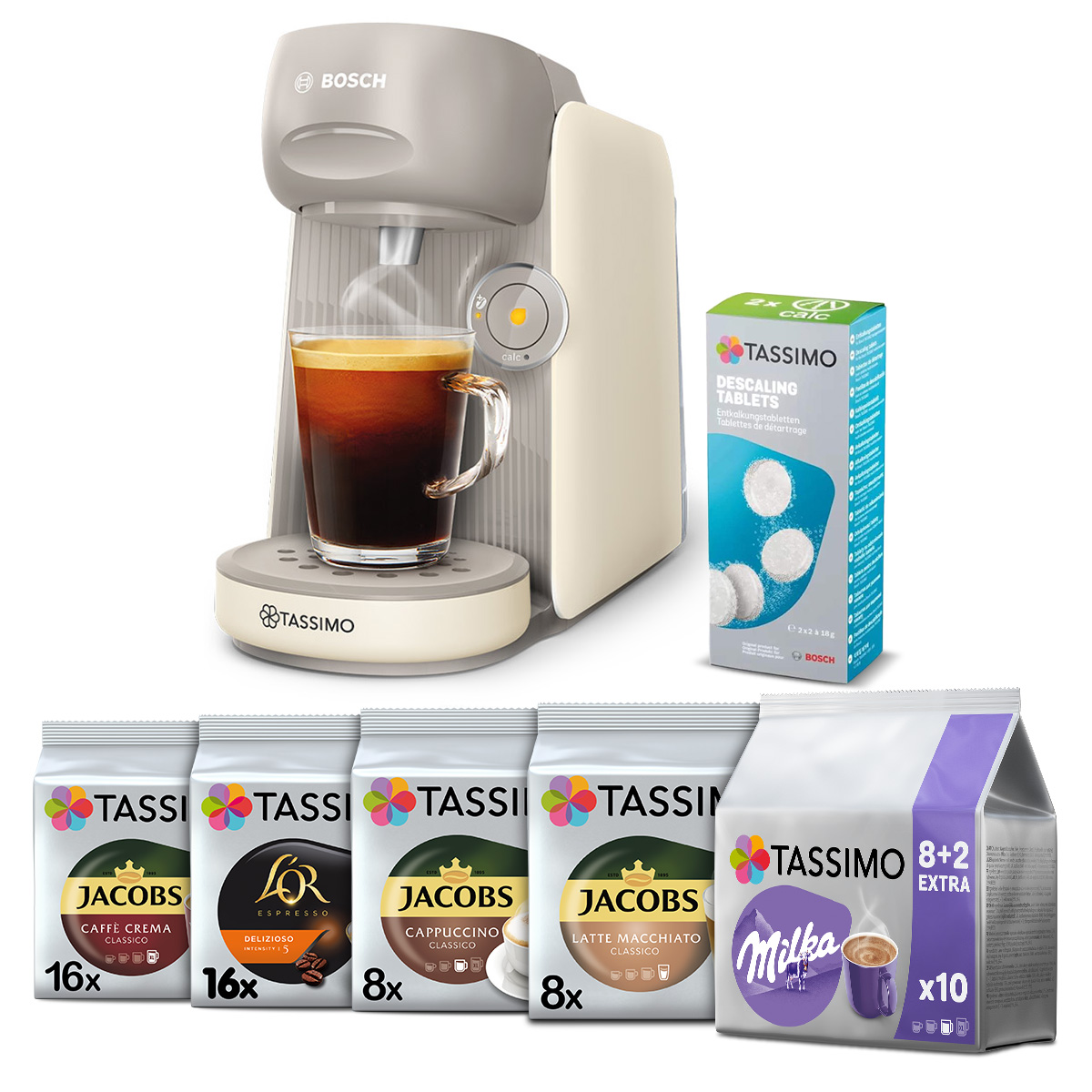 Zestaw ekspres kapsułkowy Finesse kremowy i 56 kaw odkamieniacz