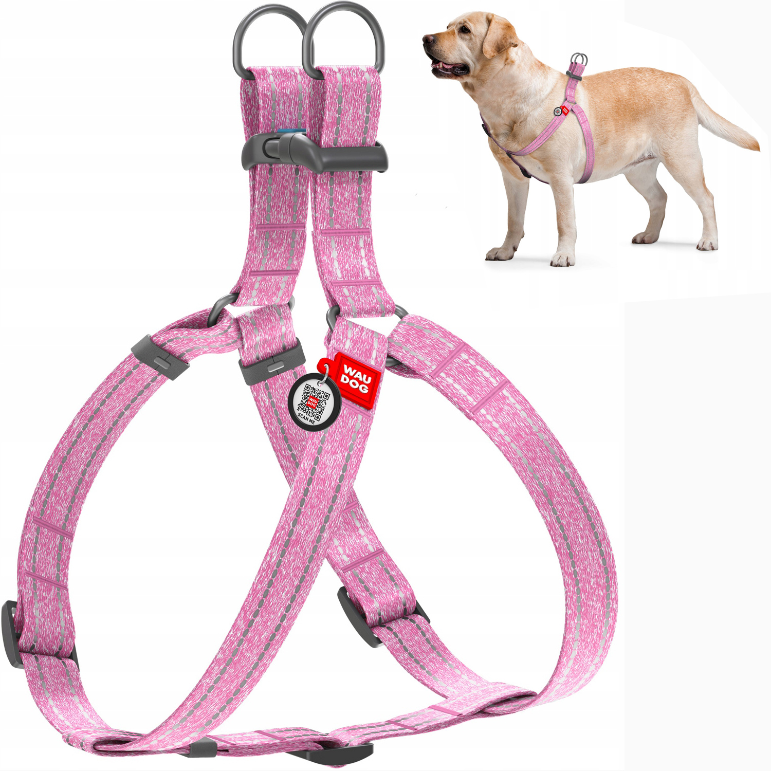 Postroj pro psa z bavlny, reflexní s Qr kódem, hypoalergenní, růžový, vel. L