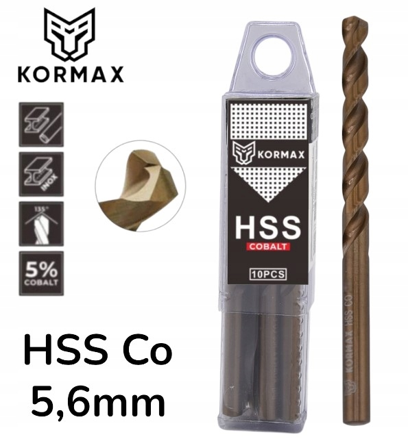 Vrták do kovu 5,6 mm Hss Co5 kobaltový op 10 ks DIN338 Kormax