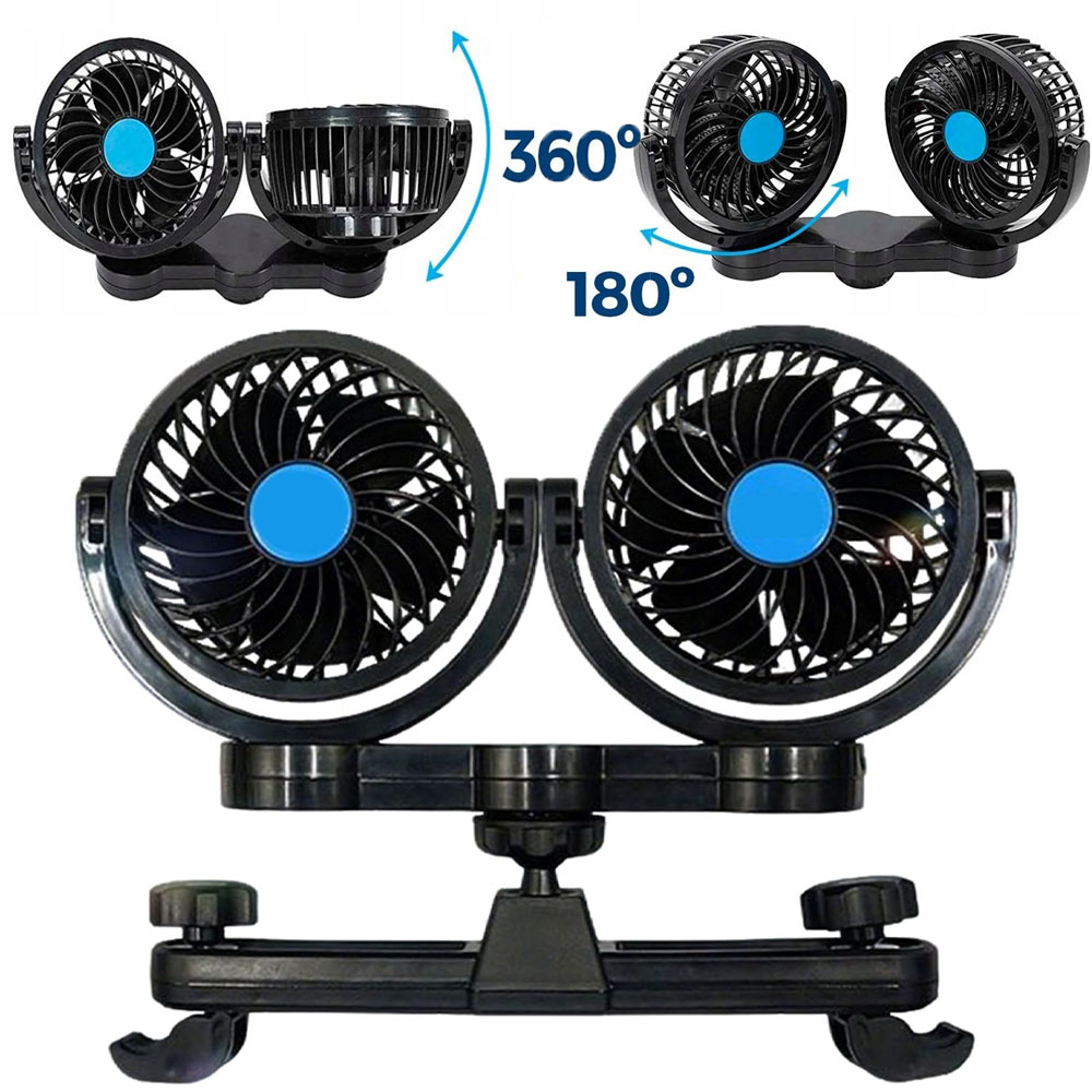 12V Ventilátor Do Auta S Dvojitými Otočnými Hlavami O 360° Výkonný