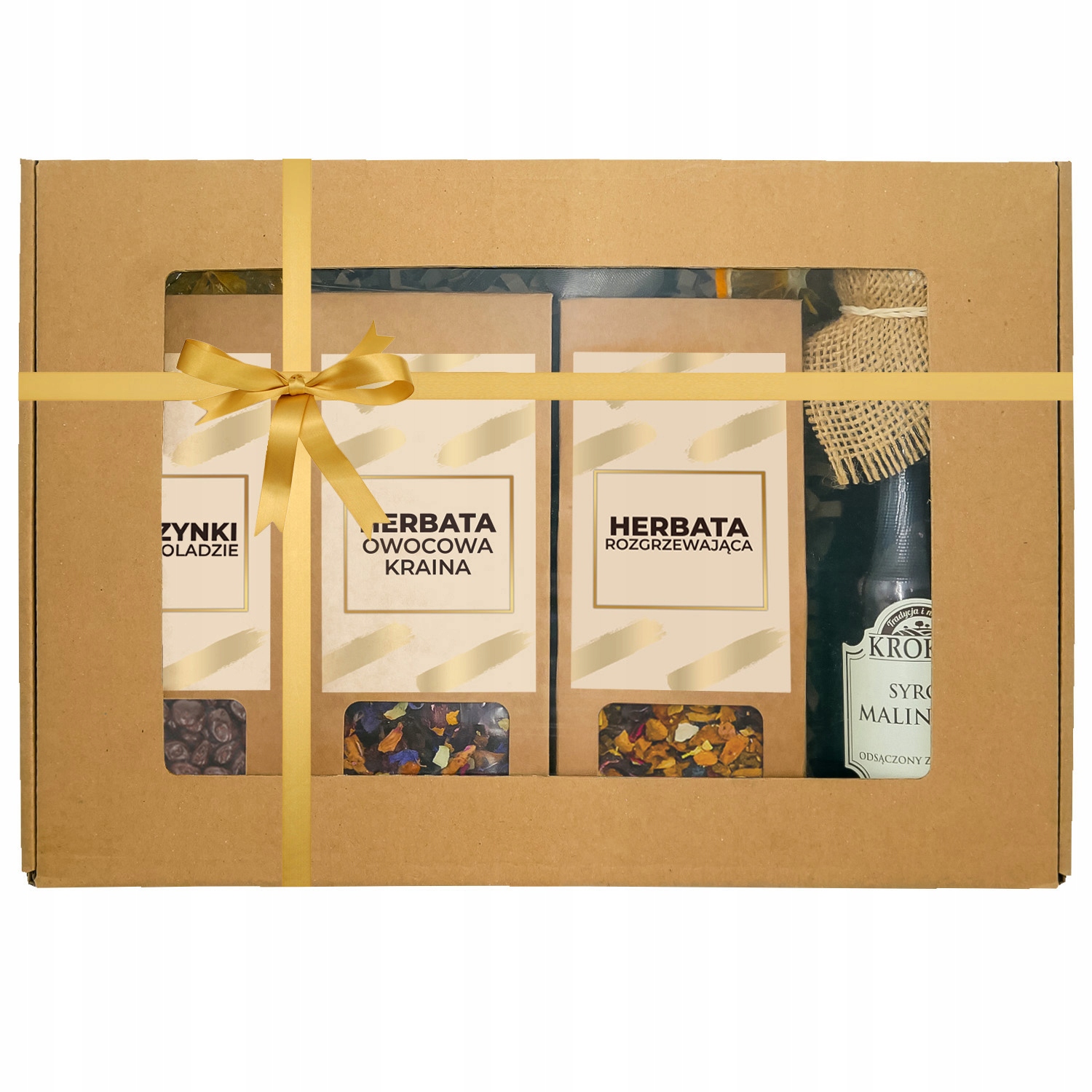 Box Prezentowy Herbaciany zestaw herbat syrop malinowy zaparzacz rodzynki