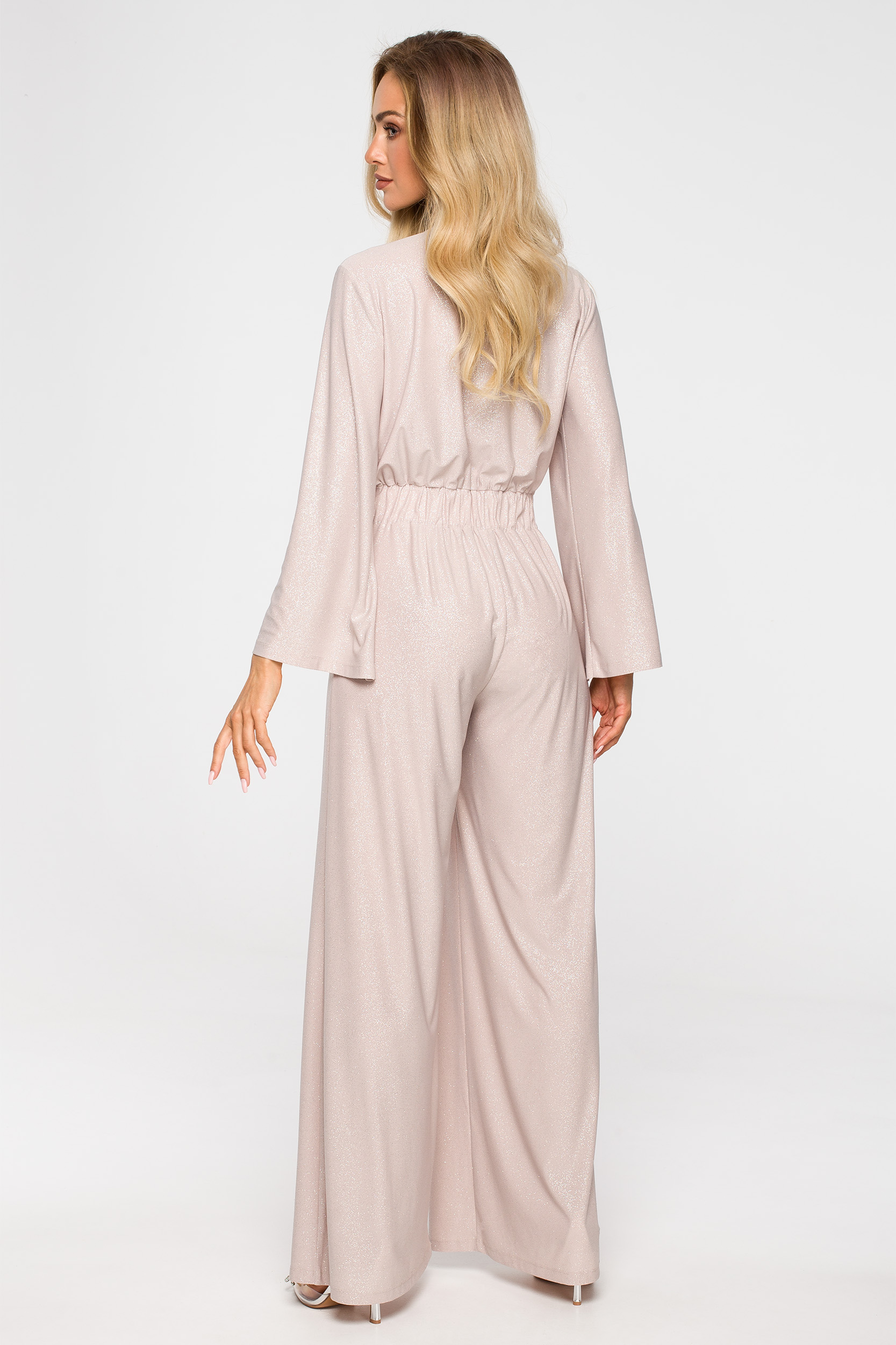 ELEGANCKI DAMSKI KOMBINEZON KOBIECY DŁUGIE SZEROKIE NOGAWKI BEŻOWY 38 M Kolor beżowy