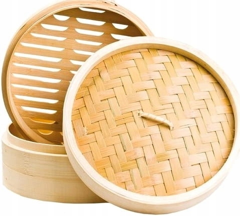 Levně Parní hrnec Bambusový košík Kulatý z Bambusu 2 Úrovně Steamer 20cm