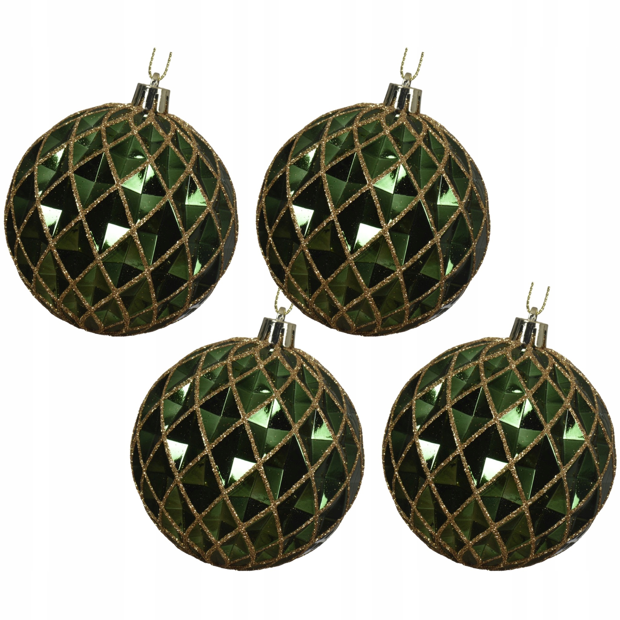 Plastové zelené vánoční baňky se zlatou brokátovou kostkou 8 cm, 4 ks