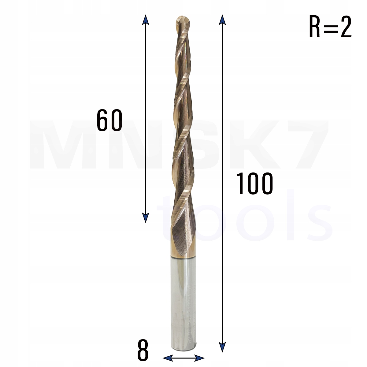 Frez stożkowy kulowy 3D 8 x 60 x 100 R2 HRC55 1.91°