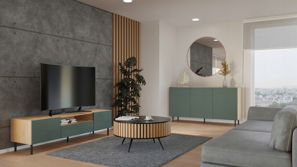 KOMODA 150 cm SZAFKA NOWOCZESNA POJEMNA PÓŁKI DRZWI LAMELE ARTISAN ZIELEŃ Kod producenta KOMODA 150 cm SZAFKA NOWOCZESNA POJEMNA