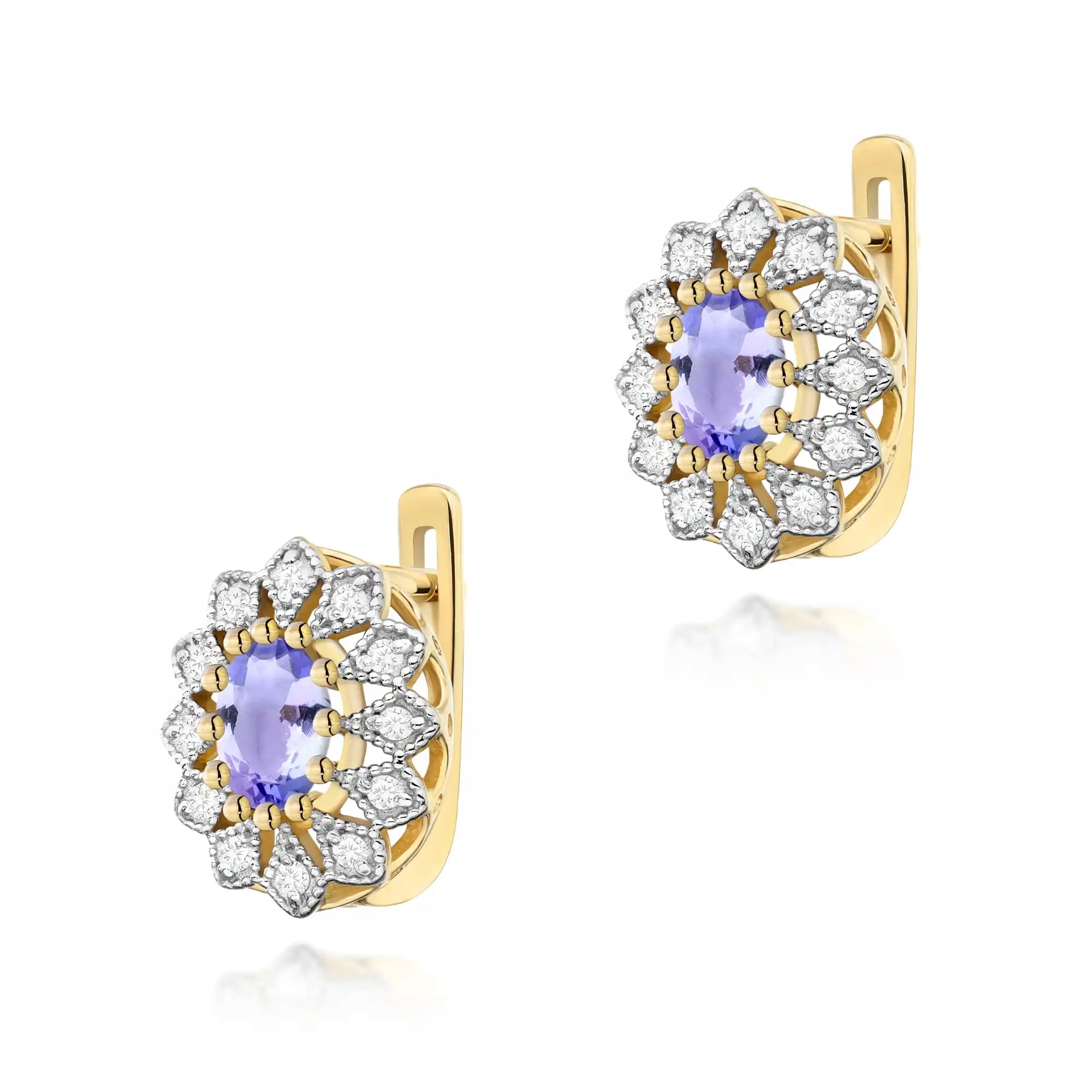 Zlaté náušnice 585 s tanzanitem a diamanty, efektní, značkové 14k