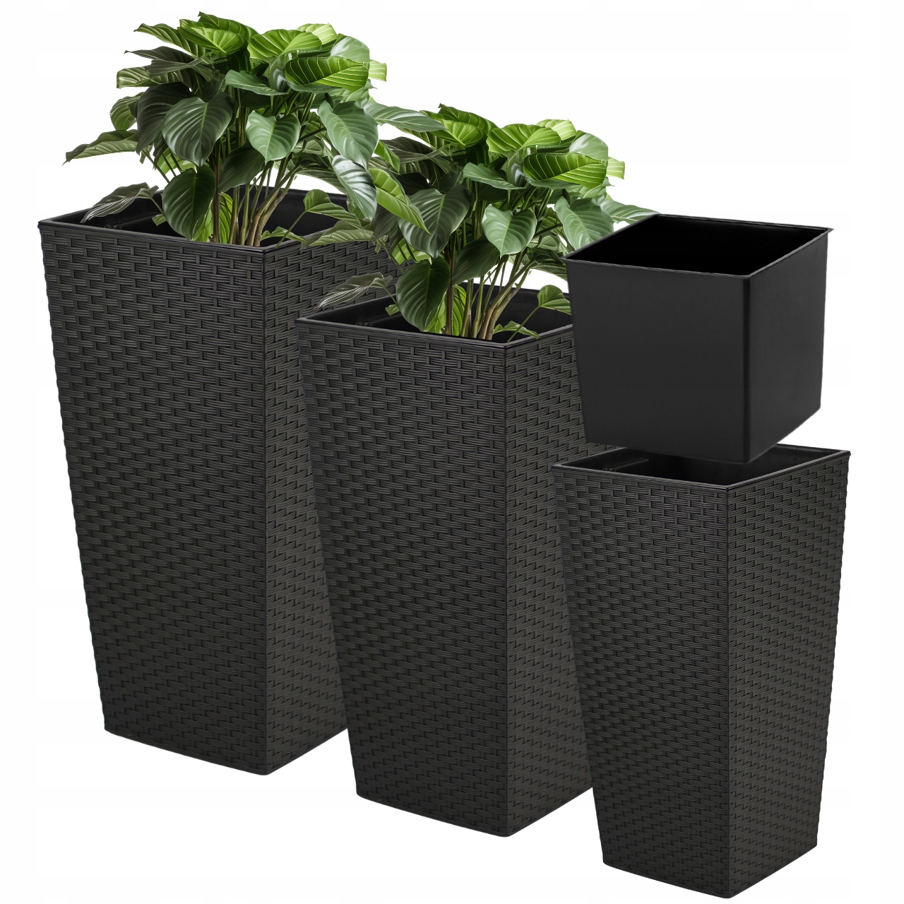Zestaw 3 Szt Donica Czarny Rattan Z Wkładem 36 47 57 CM Dekoracyjna