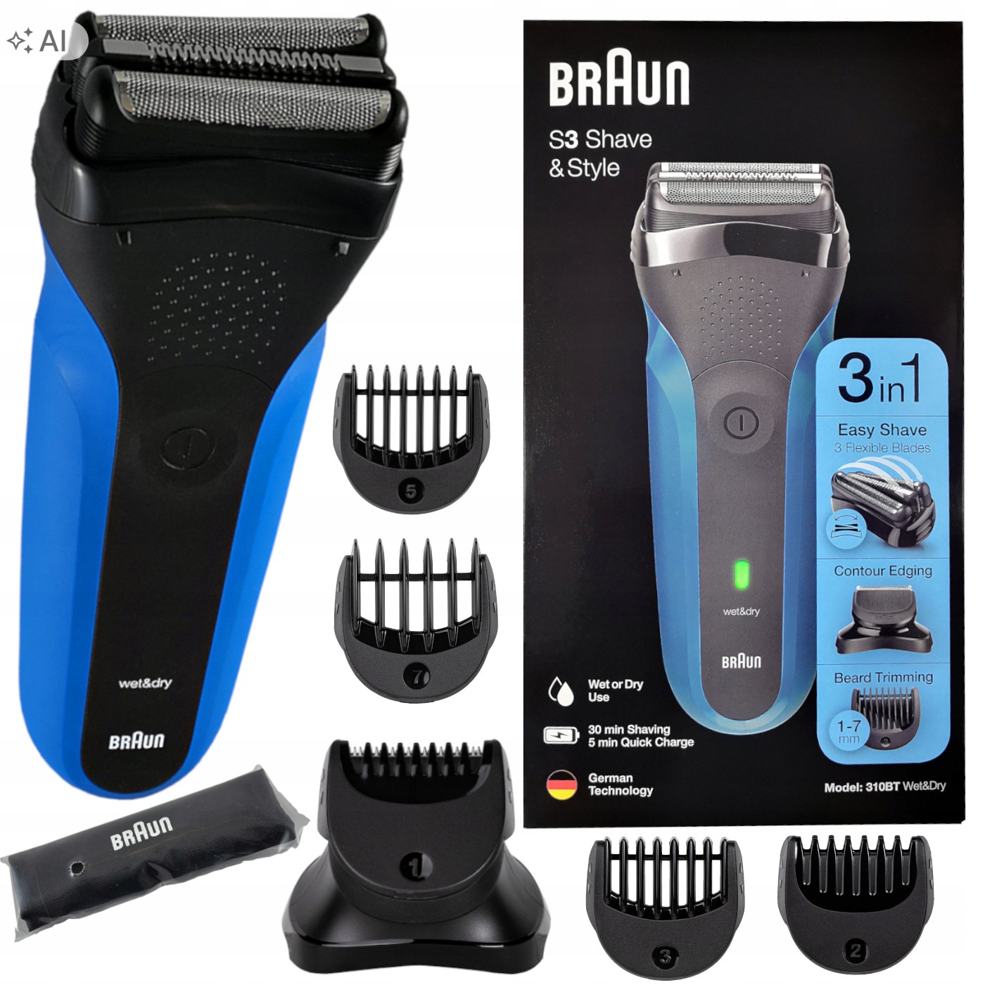 Holicí Strojek Braun 310BT Wet & Dry s zastřihovačem 5 nástavců