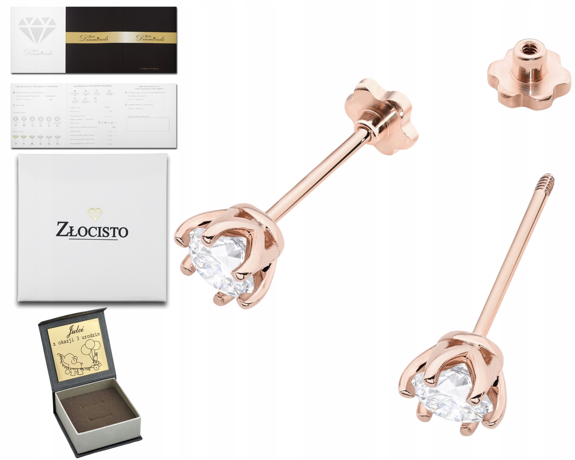 Růžové Zlato Náušnice Pár Diamanty Šroubovací Pěncí Dárek