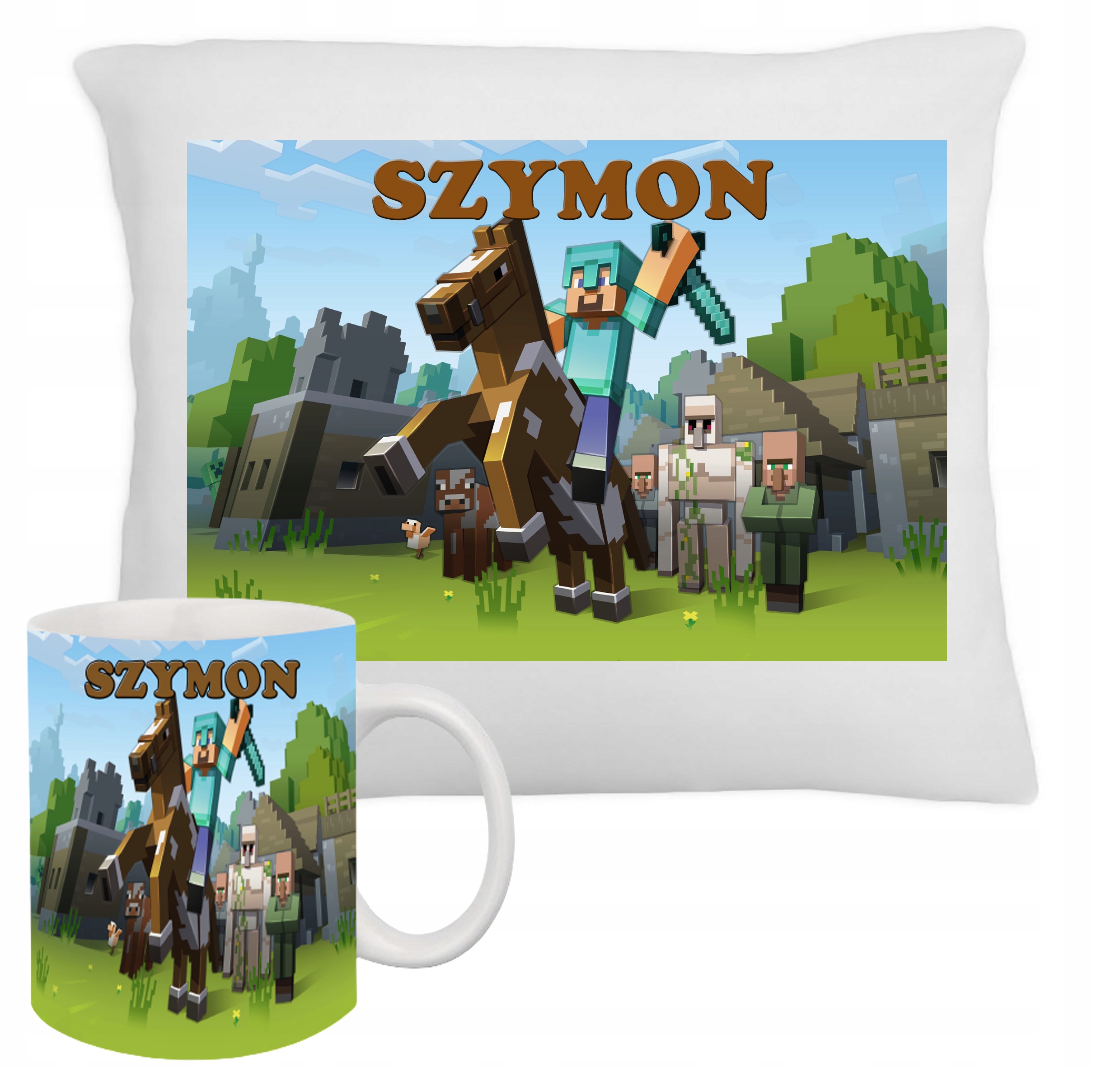 ZESTAW FANA KUBEK+PODUSZKA MINECRAFT PREZENT+ IMIĘ