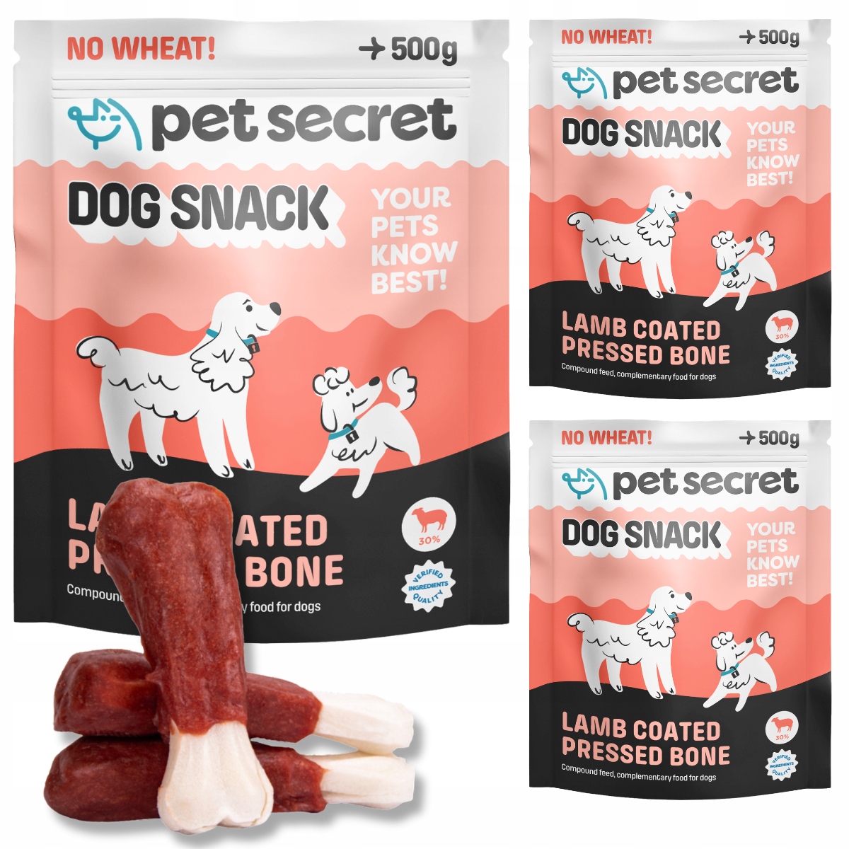 Levně Psí pamlsek Lisovaná kost bílá s jehněčím masem 3x500g Pet Secret Kousátko