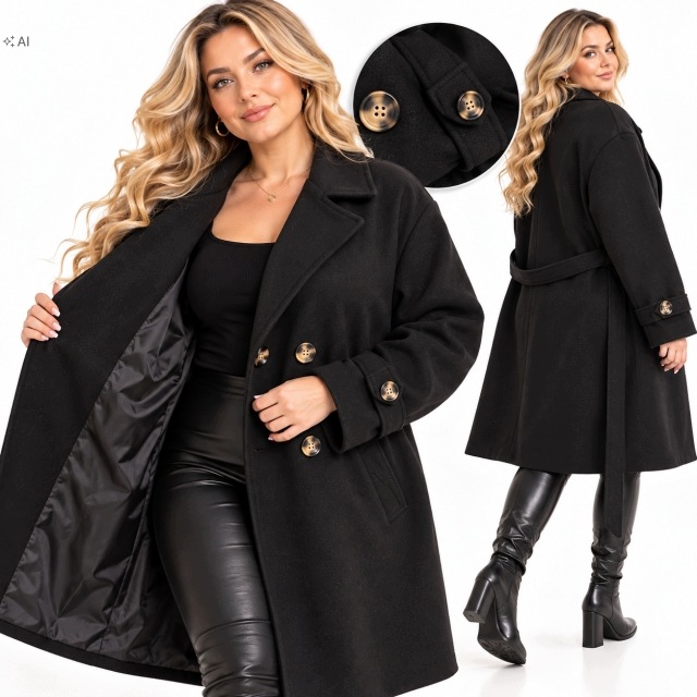 Dámský kabát trenčkot s páskem dvouřadý elegantní flauš 52 54 7xl 8xl