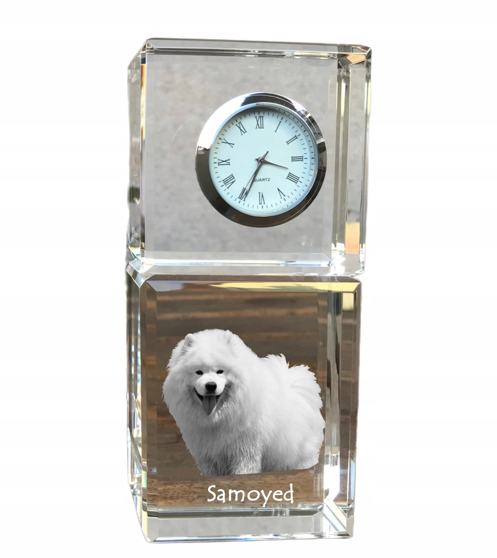 Samojed krištáľové stolové hodiny so psom, s vašou fotografiou, suvenír