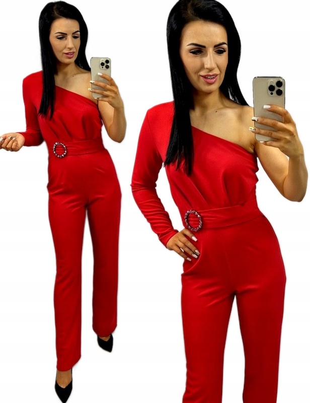 Dámská elegantní klasická kombinéza na jedno rameno červená na Svatební Hostina L