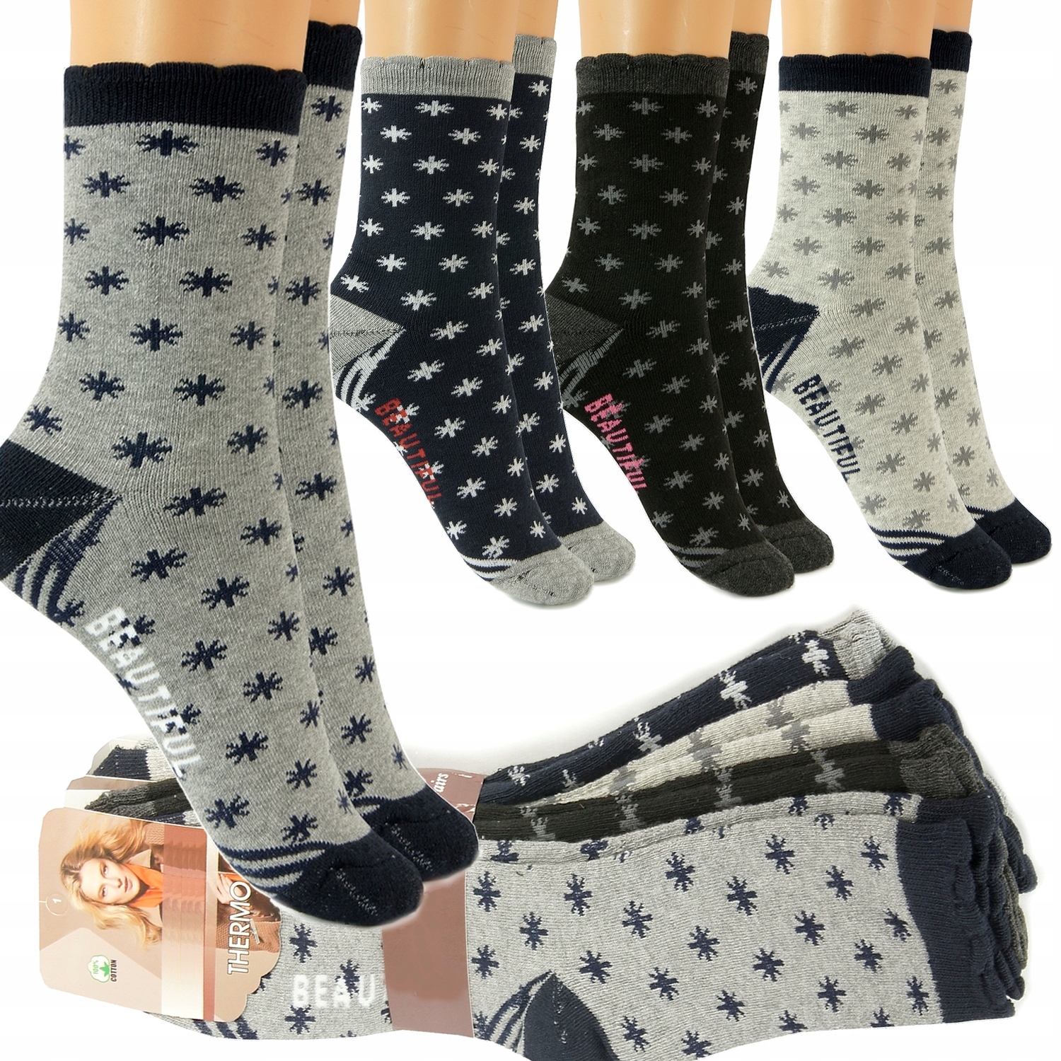 

4x Ciepłe Zimowe Bawełniane Skarpety Damskie 35-38